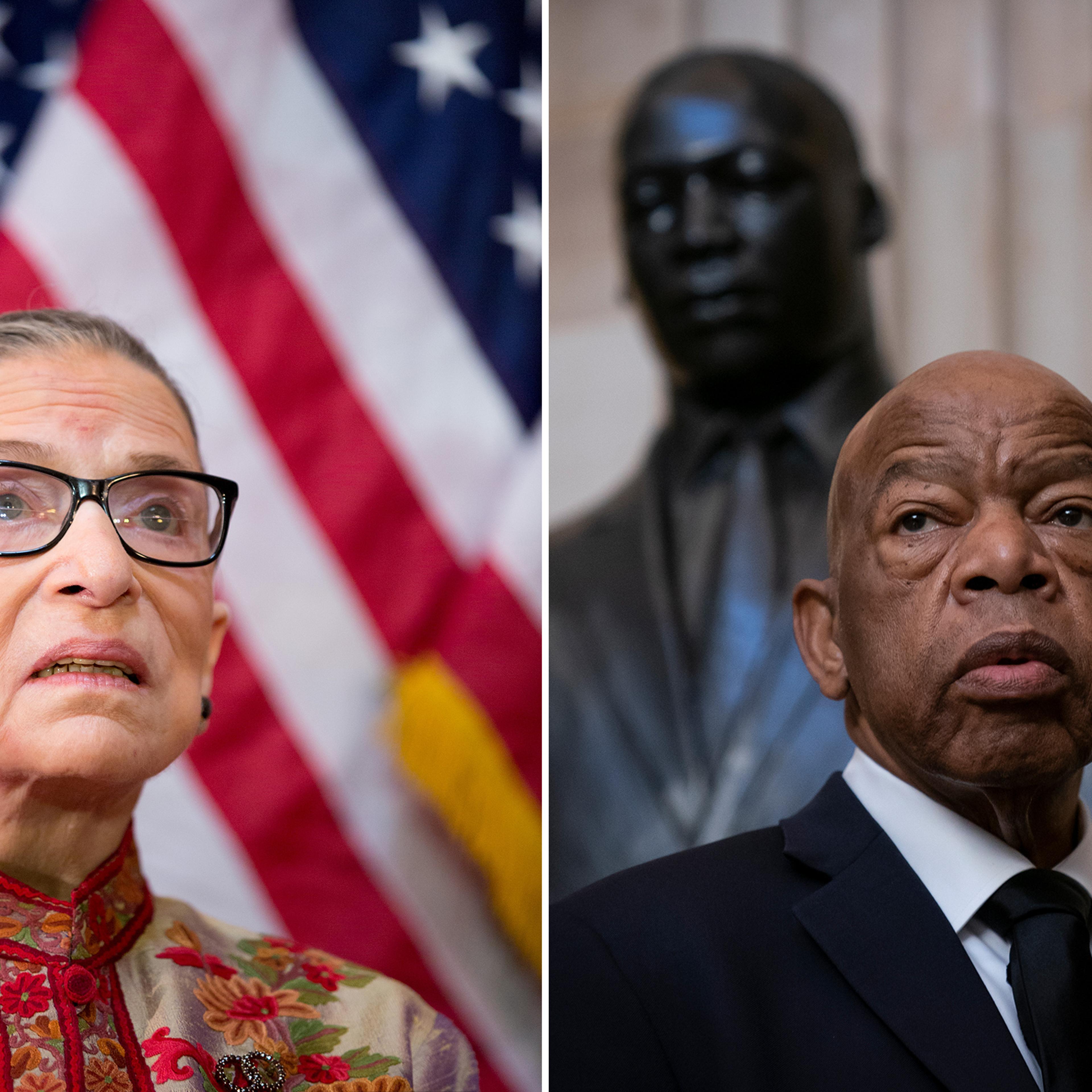 Left: U.S. Supreme Court Justice Ruth Bader Ginsburg participates in a Women's History Month reception in the U.S. capitol building in Washington, D.C. in March 2015. Right: Rep. John Lewis stands beneath a bust of Rev. Martin Luther King Jr. as members of the Congressional Black Caucus gather for the memorial ceremony for the late Maryland Rep. Elijah Cummings on Oct. 24, 2019.