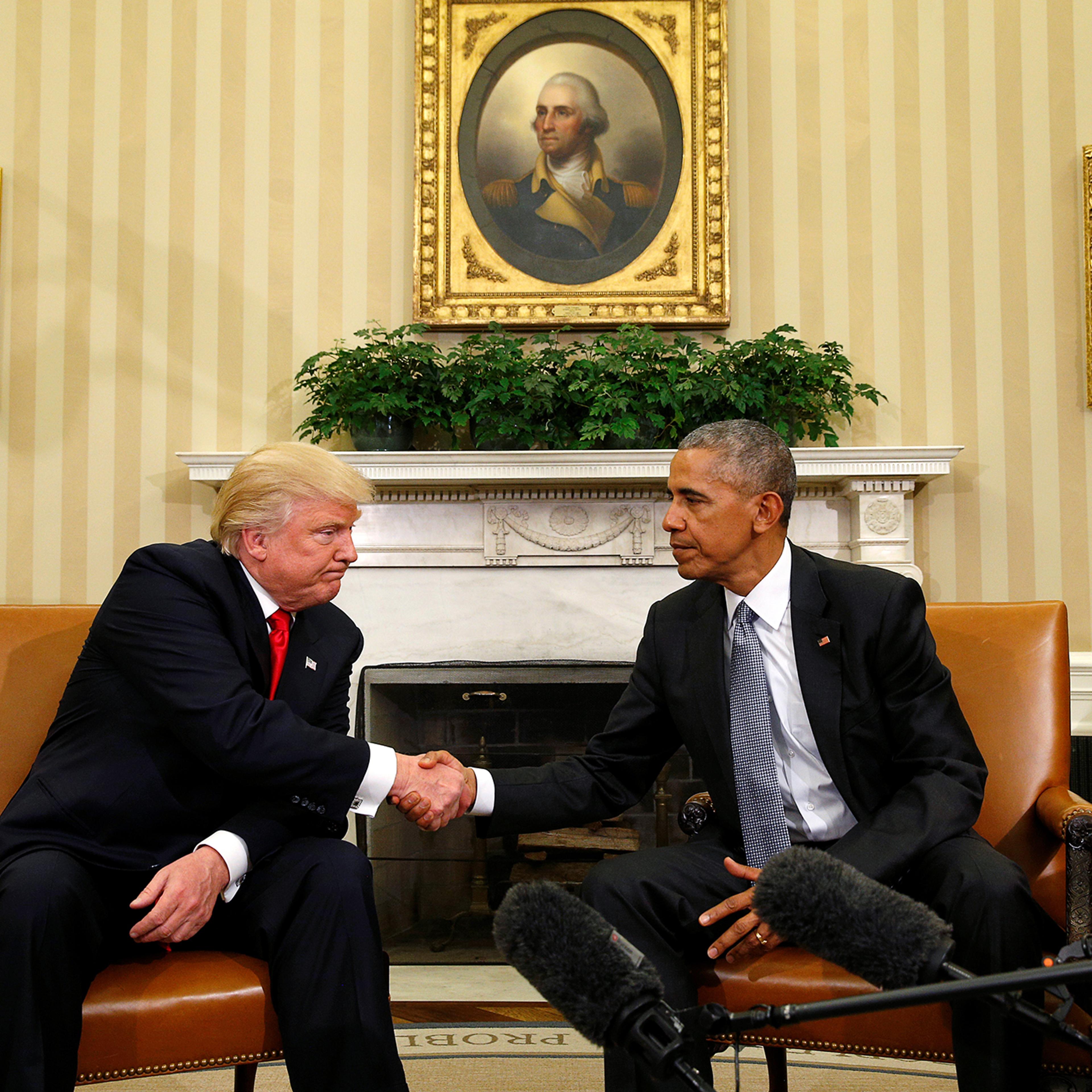 U.S. President Barack Obama meets with President-elect Donald Trump in the Oval Office of the White House in Washington November 10, 2016.