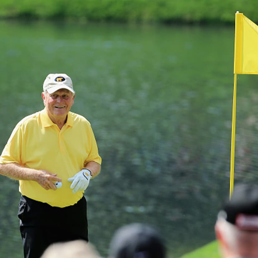 Jack Nicklaus celebrates his hole-in-one during the Par 3 Contest prior to the start of the 2015 Masters Tournament in Augusta, Ga. on April 8, 2015.