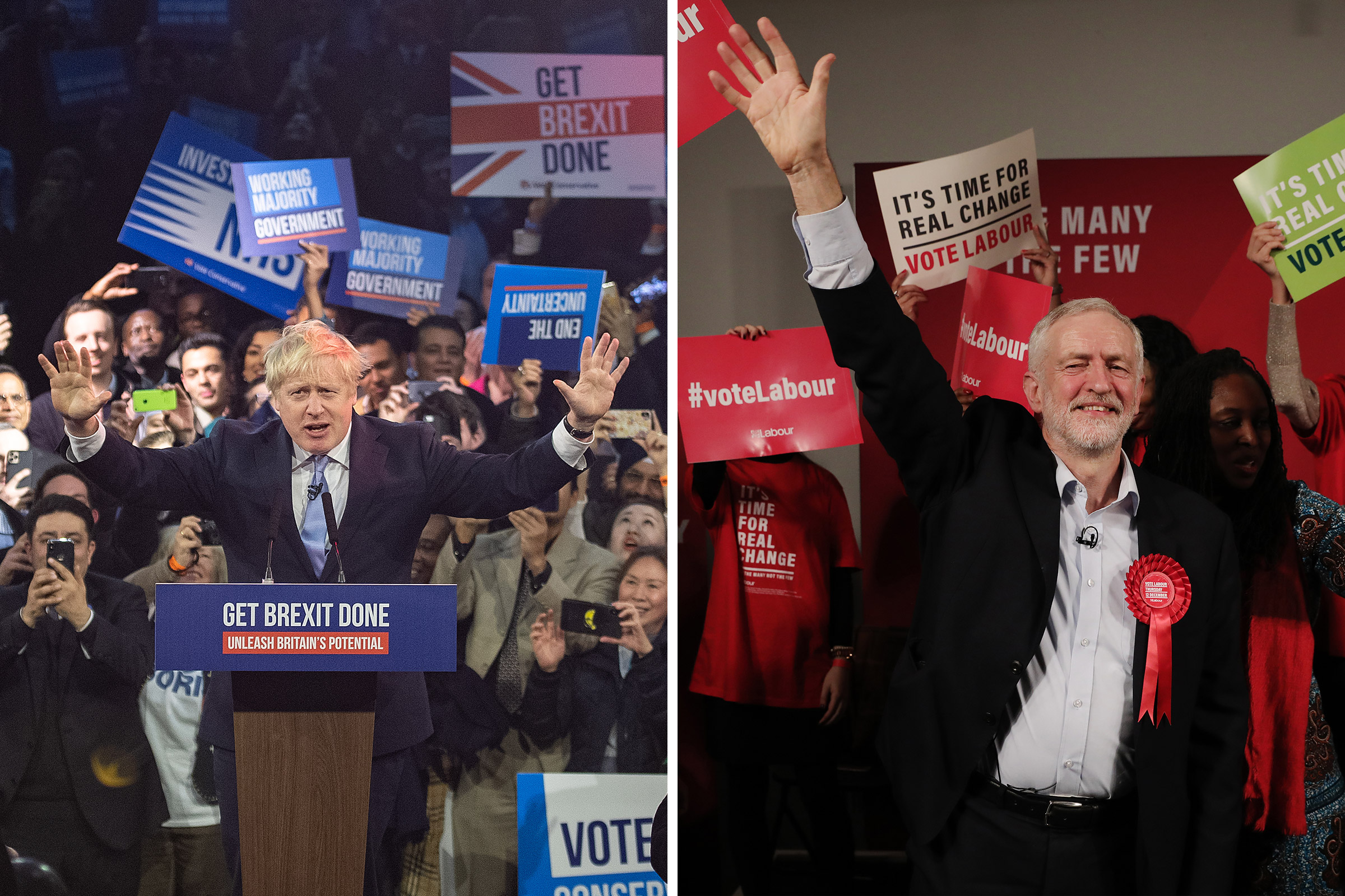 Britain's Prime Minister Boris Johnson speaks to supporters at the Copper Box Arena on Dec 11; Labour leader Jeremy Corbyn acknowledges supporters following his address in Hoxton on Dec 11