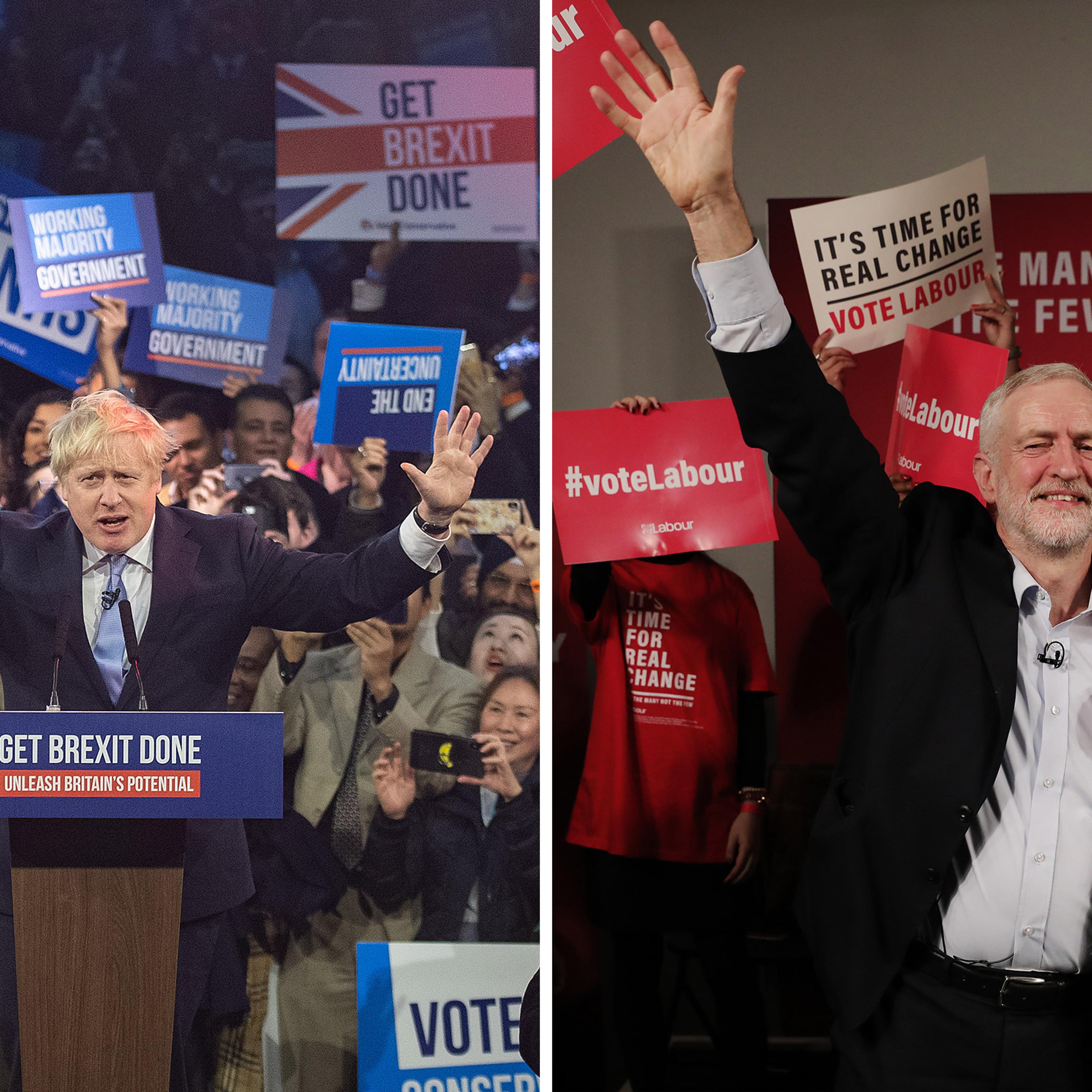Britain's Prime Minister Boris Johnson speaks to supporters at the Copper Box Arena on Dec 11; Labour leader Jeremy Corbyn acknowledges supporters following his address in Hoxton on Dec 11