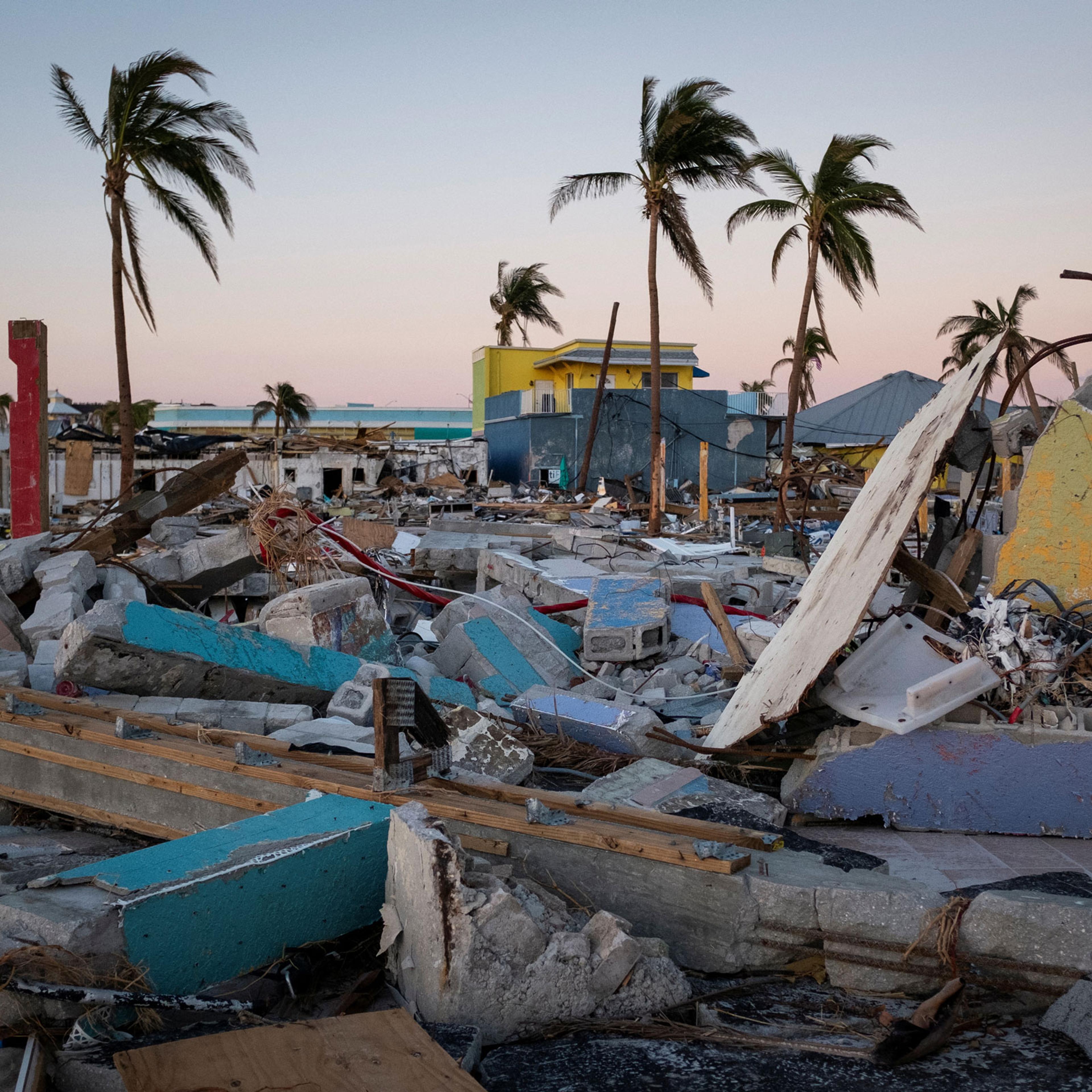 Remains of destroyed restaurants, shops and other businesses are seen after Hurricane Ian caused widespread destruction in Fort Myers Beach, Fla., on Oct. 4, 2022.
