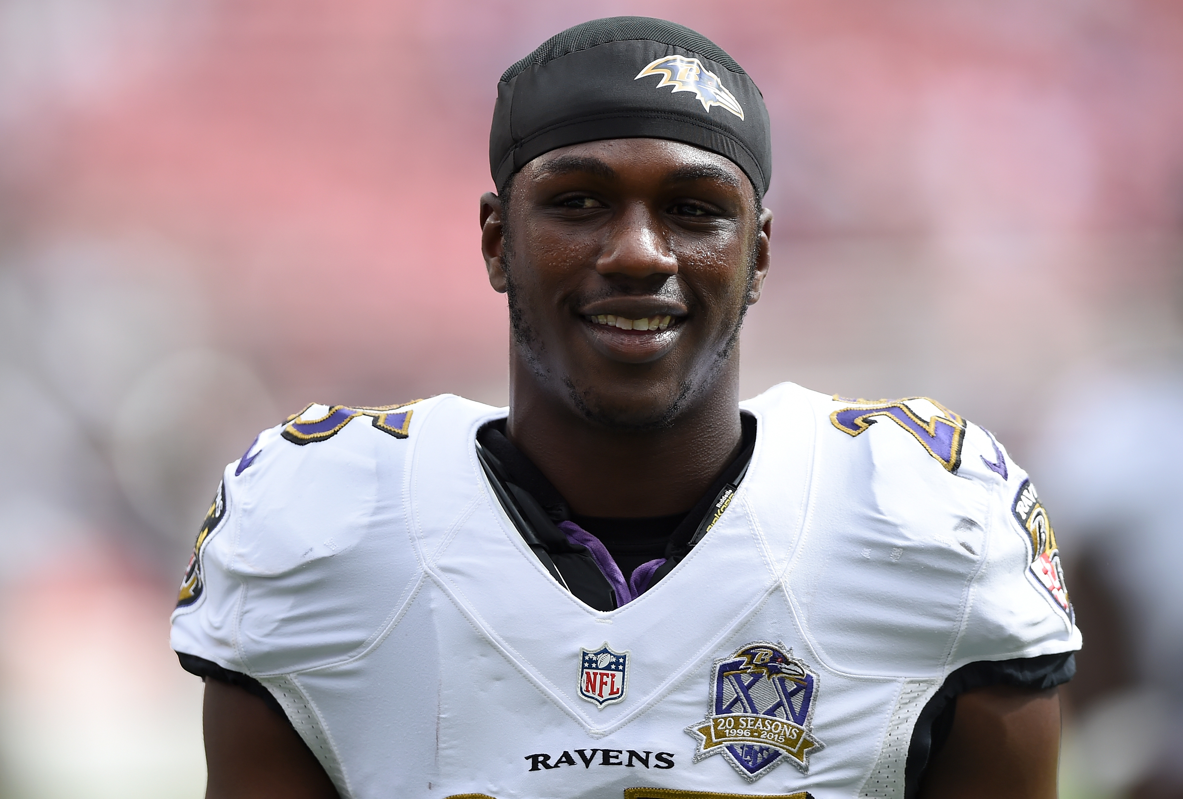 Tray Walker #25 of the Baltimore Ravens looks on during pre-game warm ups prior to playing the San Francisco 49ers in an NFL game at Levi's Stadium on October 18, 2015 in Santa Clara, California.