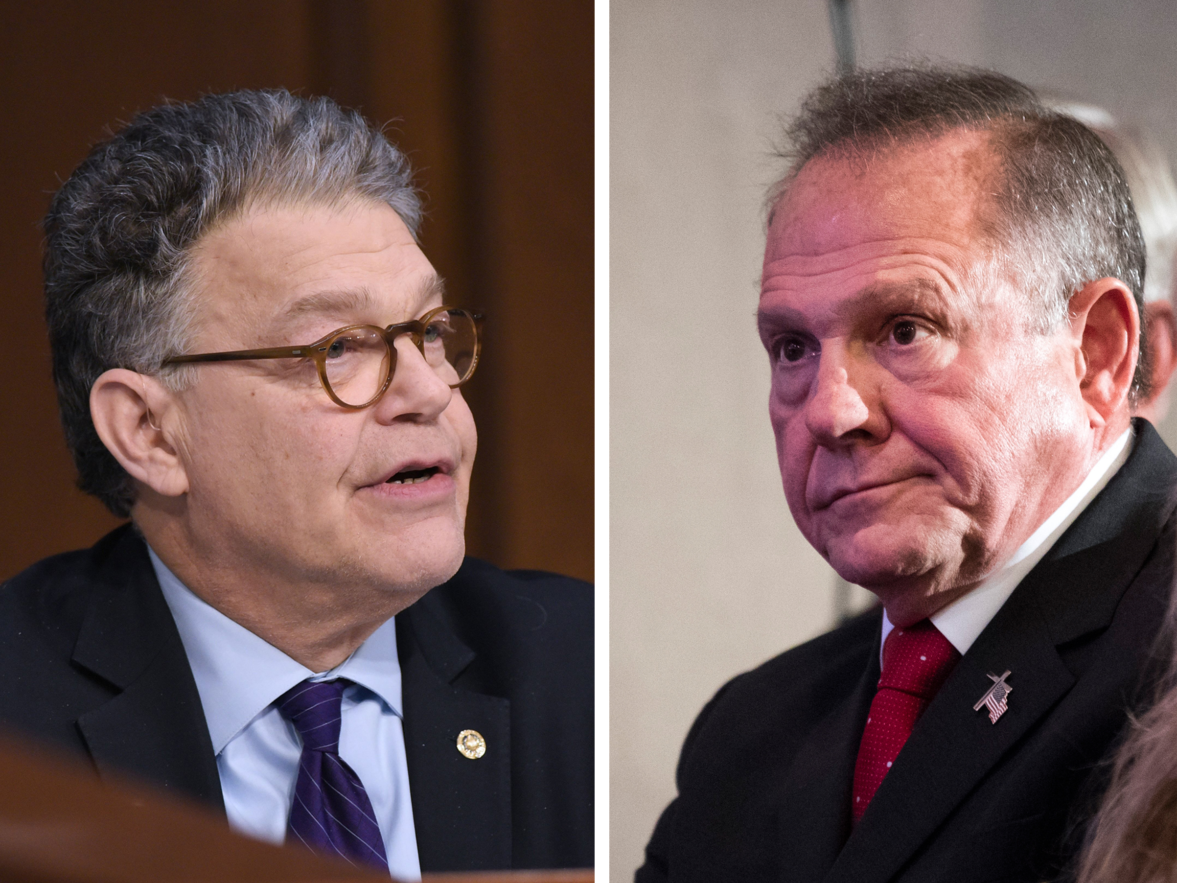 Senator Al Franken, D-MN, speaks during the Senate Judiciary Committee hearing in Washington, DC on March 22, 2017.; Republican candidate for U.S. Senate Judge Roy Moore waits to speak during a news conference in Birmingham on Nov. 16, 2017.