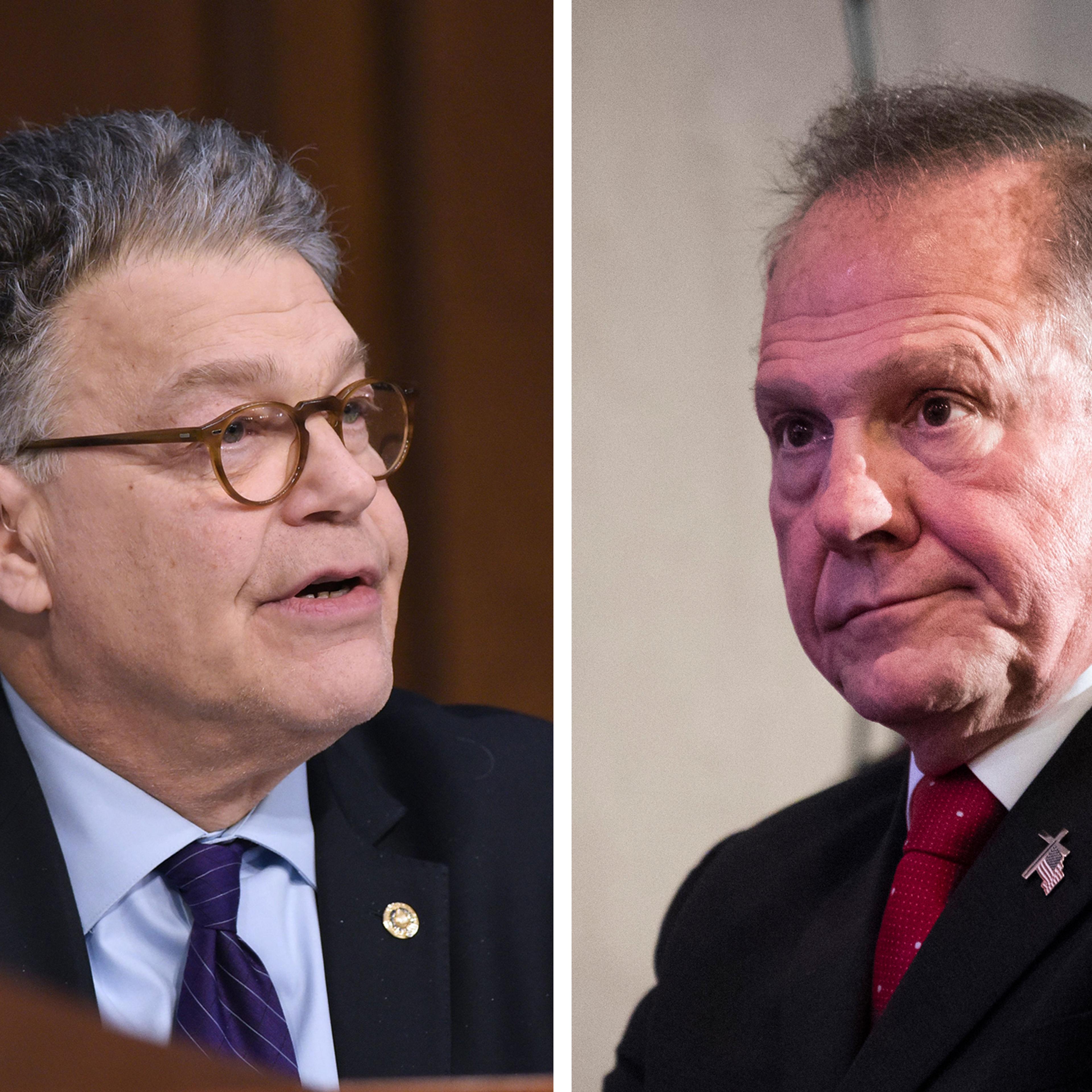 Senator Al Franken, D-MN, speaks during the Senate Judiciary Committee hearing in Washington, DC on March 22, 2017.; Republican candidate for U.S. Senate Judge Roy Moore waits to speak during a news conference in Birmingham on Nov. 16, 2017.