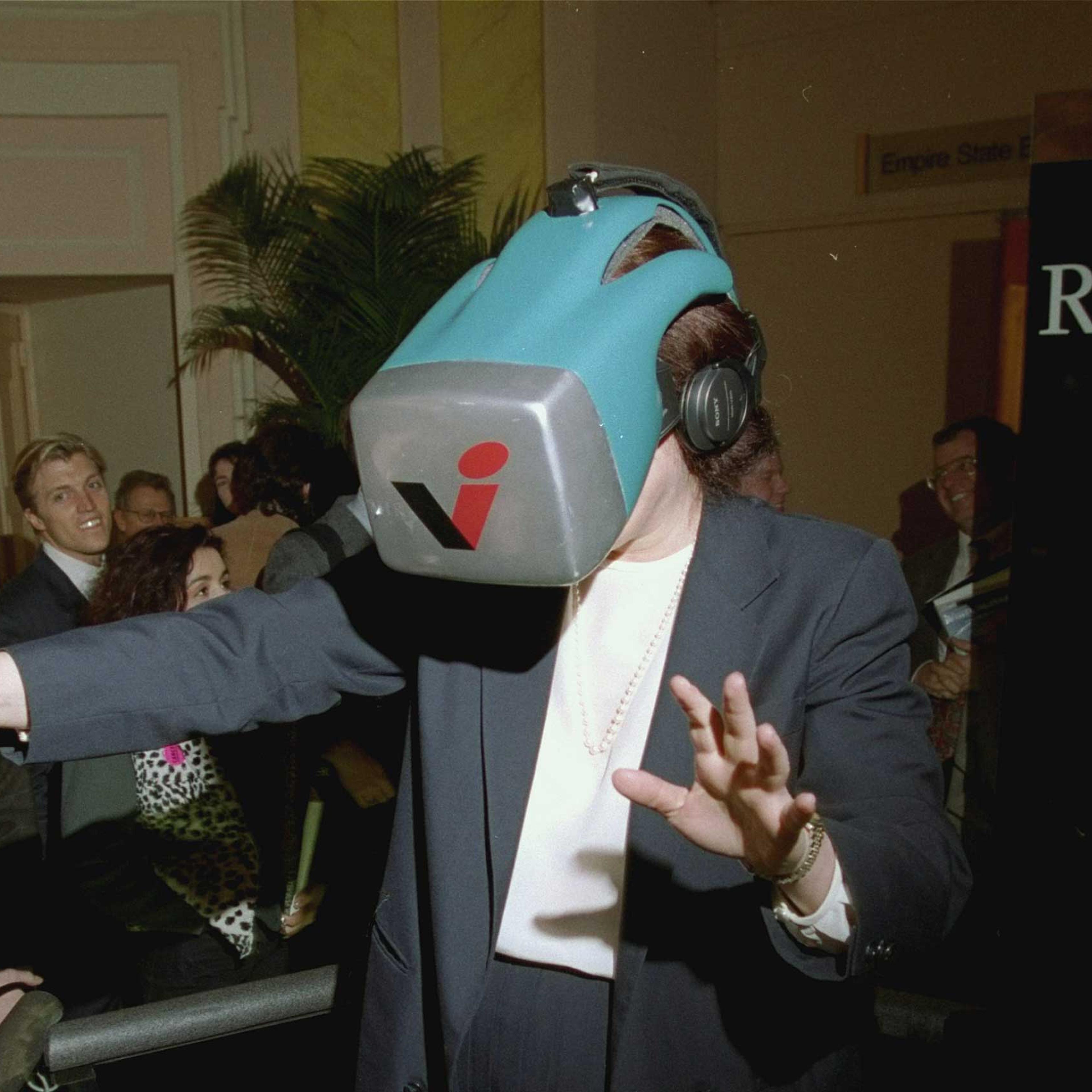 An electronic helmet and a large joystick during a demonstration of "Reality +" at the Virtual Reality Systems 93 show in New York on March 16, 1993.