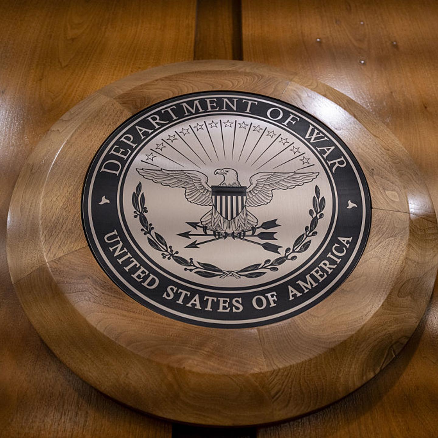 The new Department of War logo is seen after President Donald Trump signed an order to rename the Department of Defense in the Pentagon in Washington, D.C., on September 15, 2025.