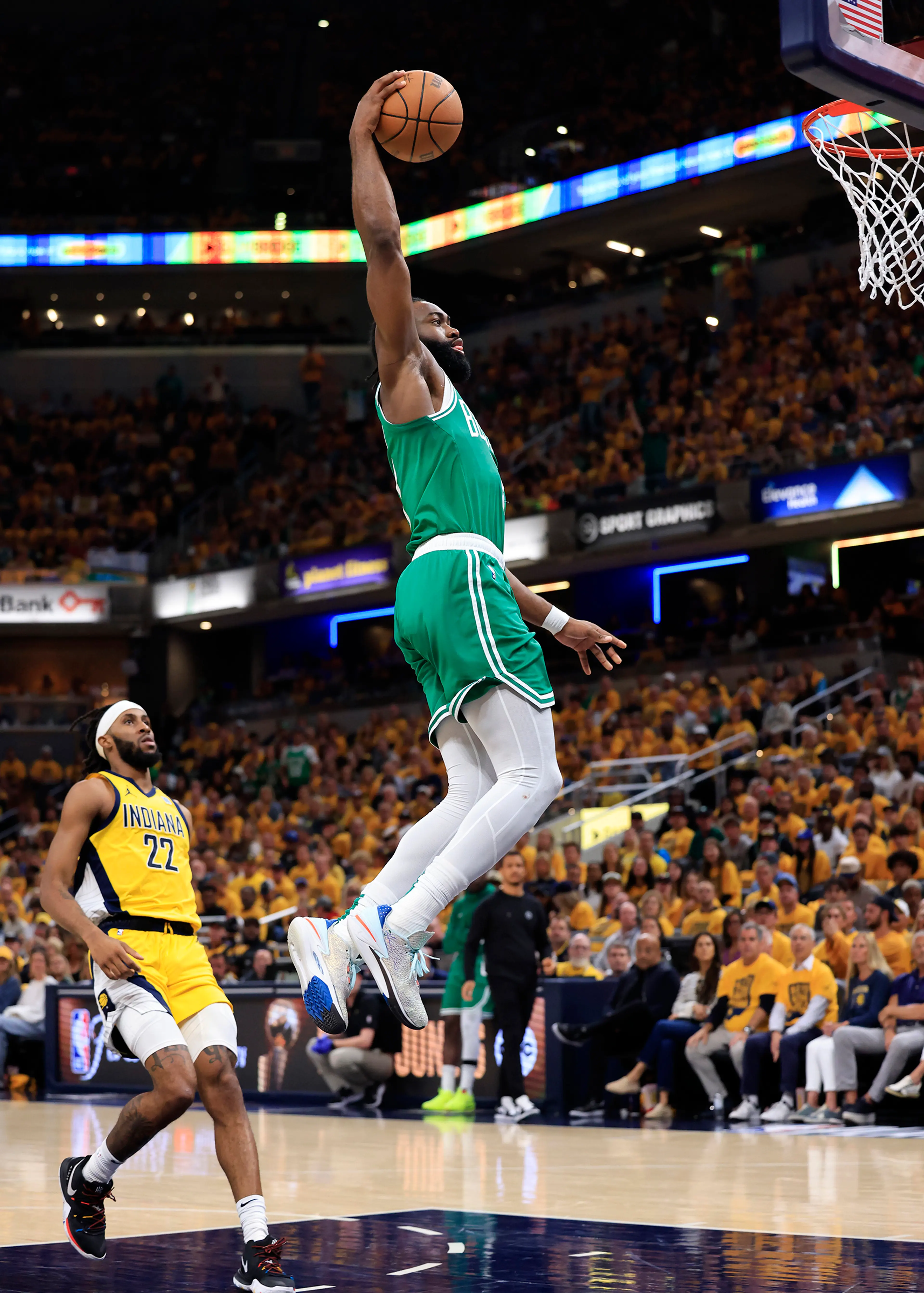 Jaylen Brown dunks the ball during the second quarter in Game Four of the Eastern Conference Finals in Indianapolis, on May 27, 2024.
