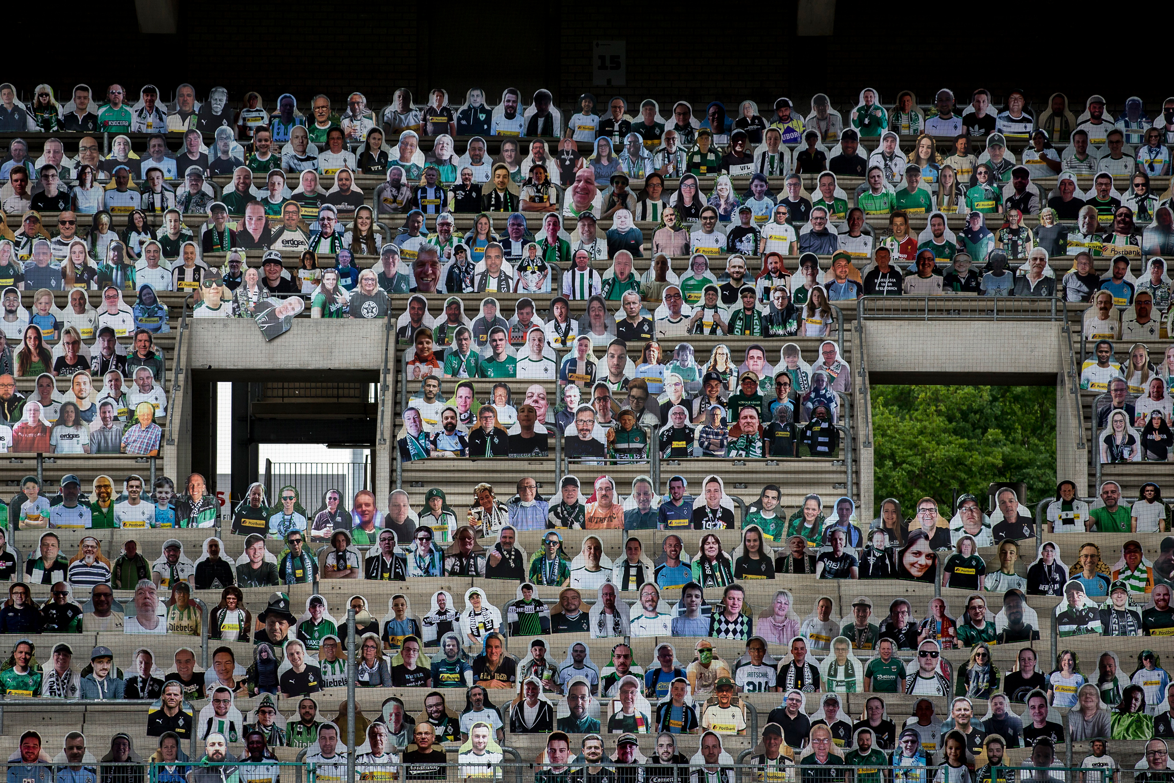 Pictures of fans, players, coaches and staff of Bundesliga club Borussia Mönchengladbach are seen at Borussia-Park in Moenchengladbach, Germany, on April 28, 2020.