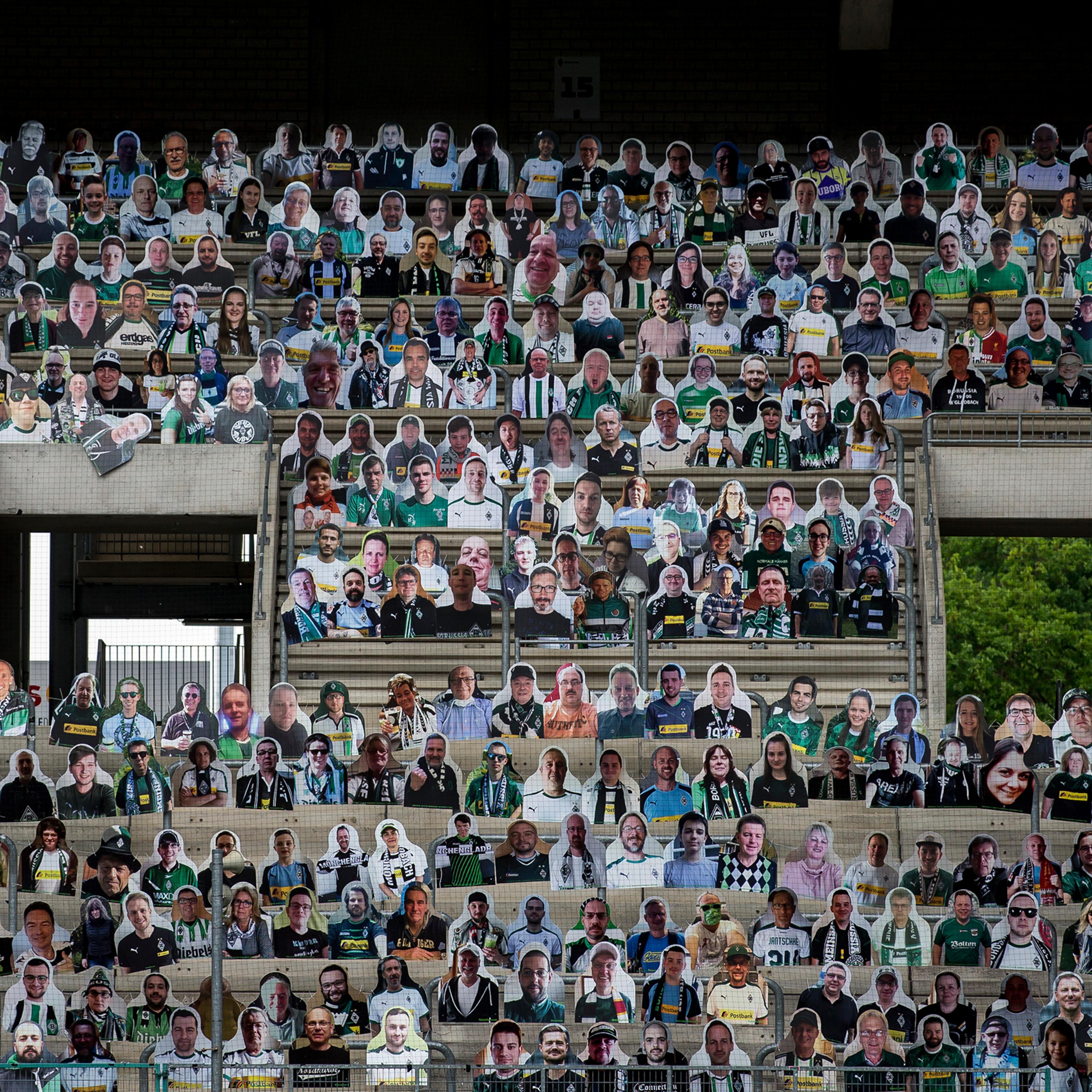 Pictures of fans, players, coaches and staff of Bundesliga club Borussia Mönchengladbach are seen at Borussia-Park in Moenchengladbach, Germany, on April 28, 2020.
