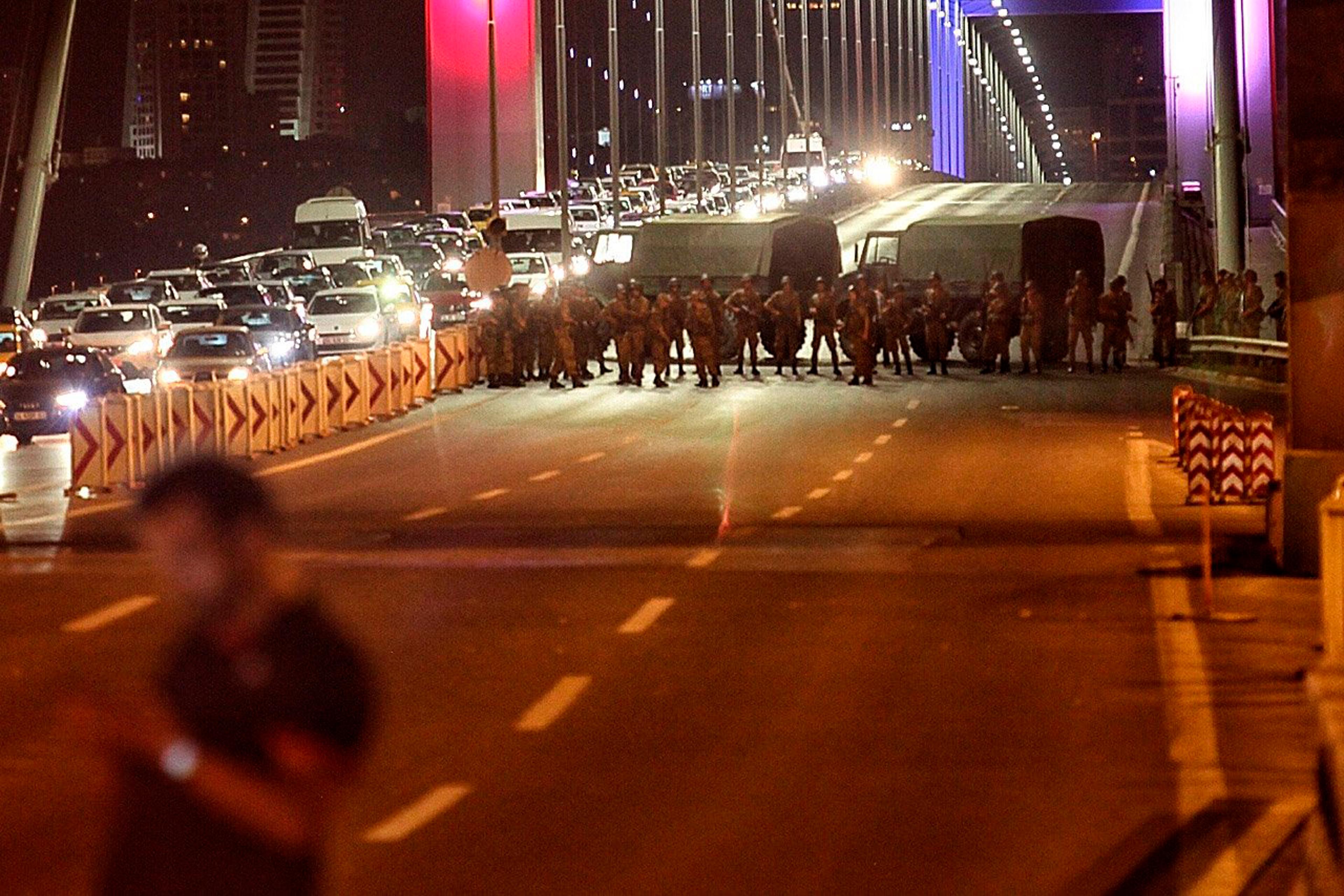 Turkish soldiers block Istanbul's Bosphorus Bridge on July 15, 2016. Reports have suggested that a group within Turkey's military has attempted to overthrow the government. Security forces have been called in as Turkey's Prime Minister Binali Yildirim de