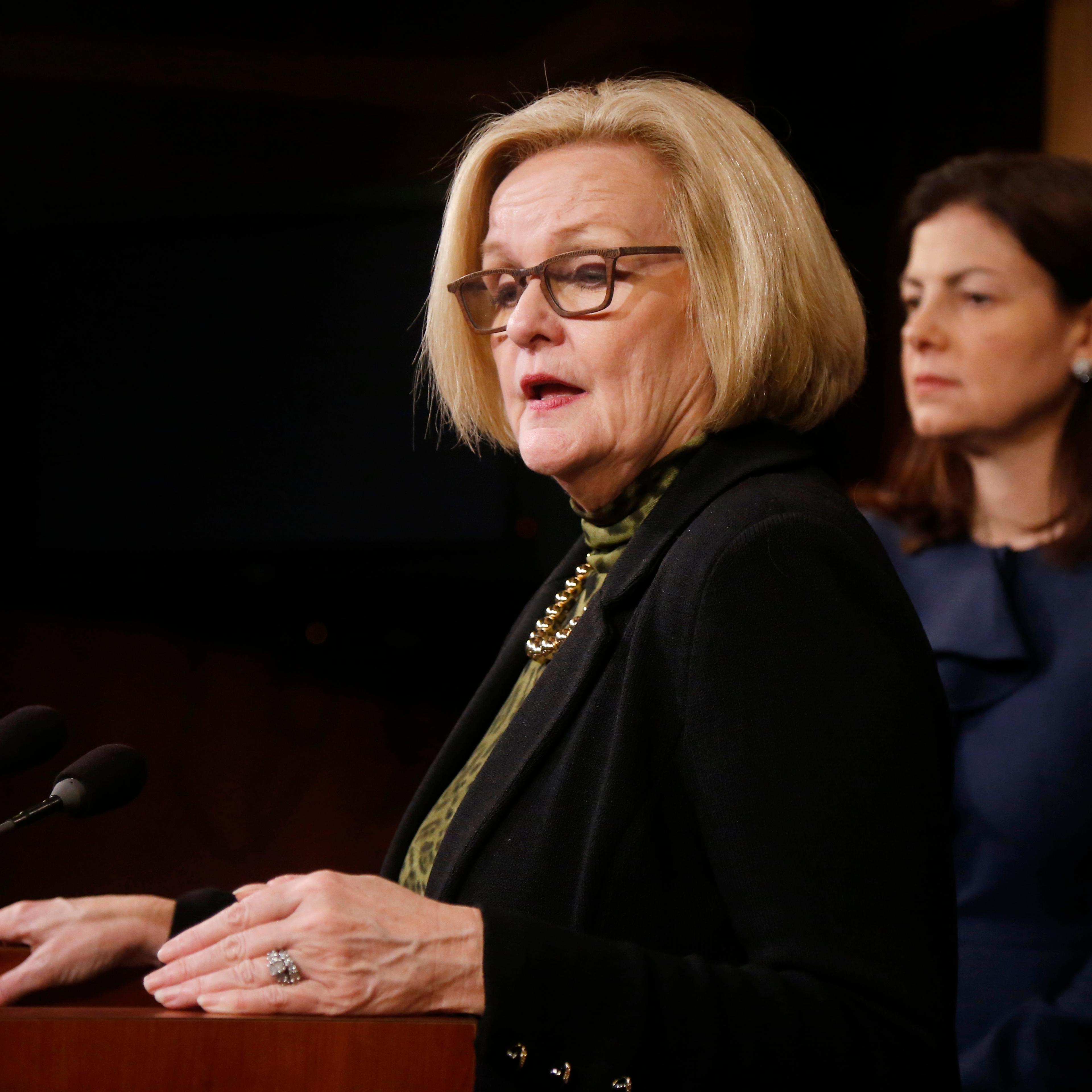 From left: Senator Claire McCaskill and Senator Kelly Ayotte at a news conference on Capitol Hill in Washington, D.C., on March 6, 2014, following a Senate vote on military sexual assaults .