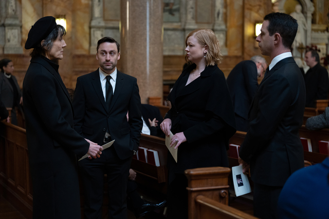 From left: Harriet Walker, Kieran Culkin, Sarah Snook, and Jeremy Strong in <i>Succession</i> season 4, episode 9 "Church and State"