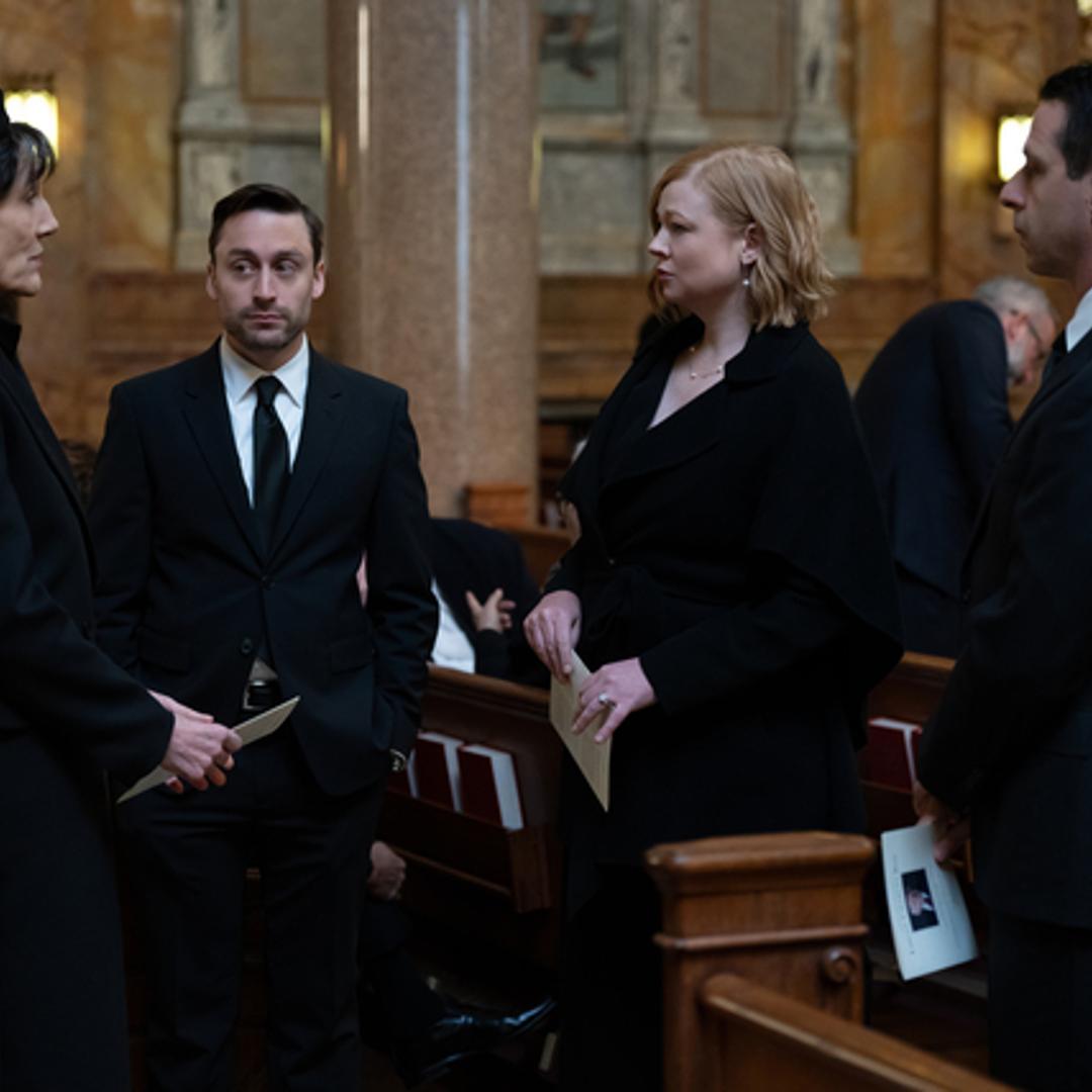 From left: Harriet Walker, Kieran Culkin, Sarah Snook, and Jeremy Strong in <i>Succession</i> season 4, episode 9 "Church and State"