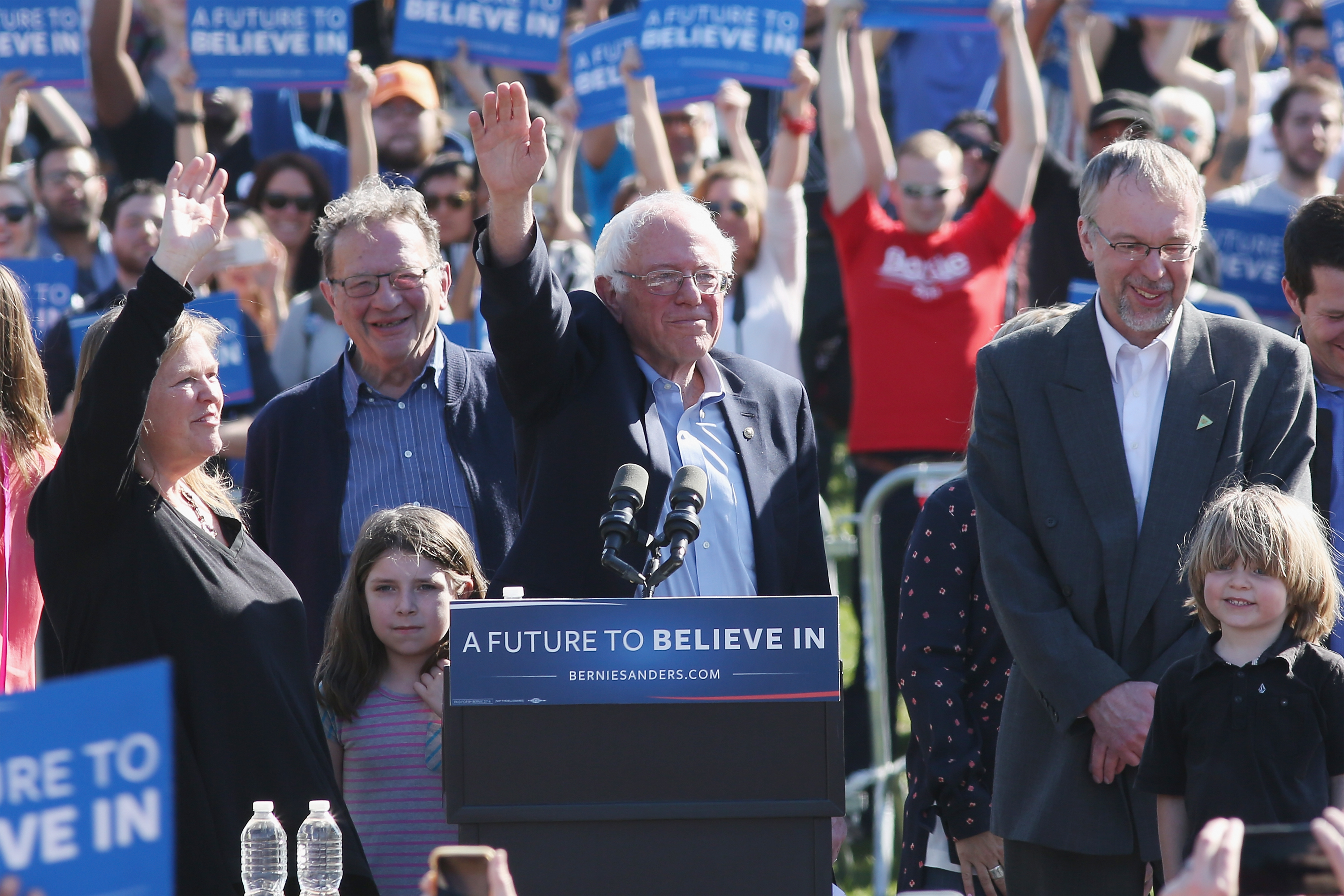 Jane Sanders (L), Democratic presidential candidate U.S Senator, Bernie Sanders (C), Levi Sanders (R) attend, "A Future To Believe In" GOTV rally concert at Prospect Park on April 17, 2016 in New York City.