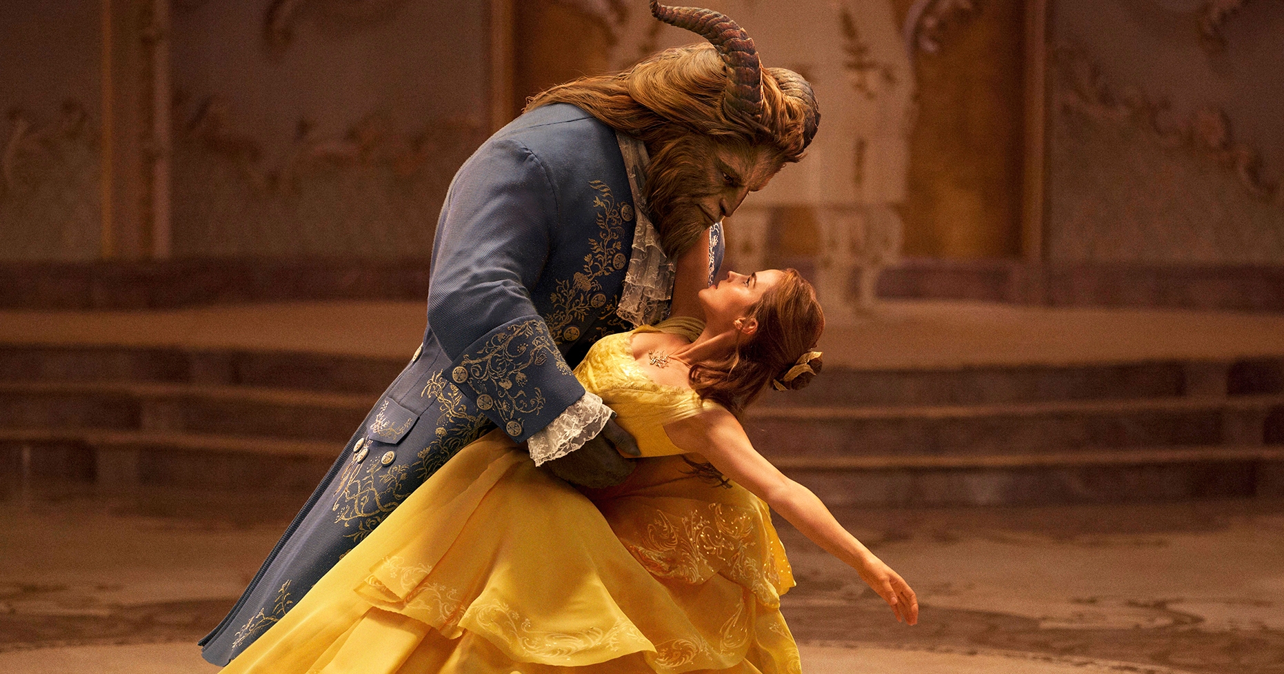 Dan Stevens as The Beast, left, and Emma Watson as Belle in the live-action adaptation of Beauty and the Beast.