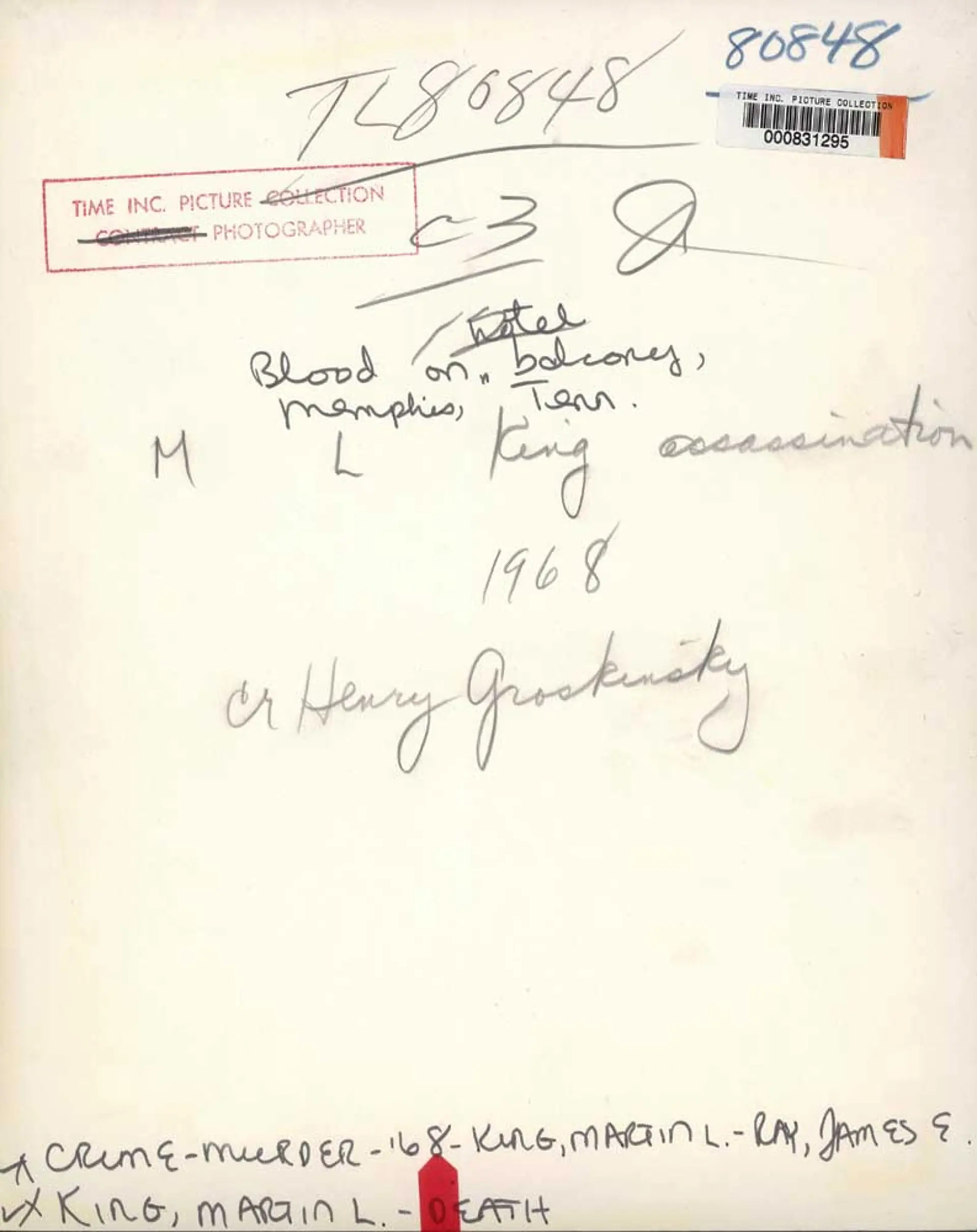 The back of a photograph taken by LIFE photographer Henry Groskinsky on April 4, 1968, at the Lorraine Motel, Memphis, Tenn.