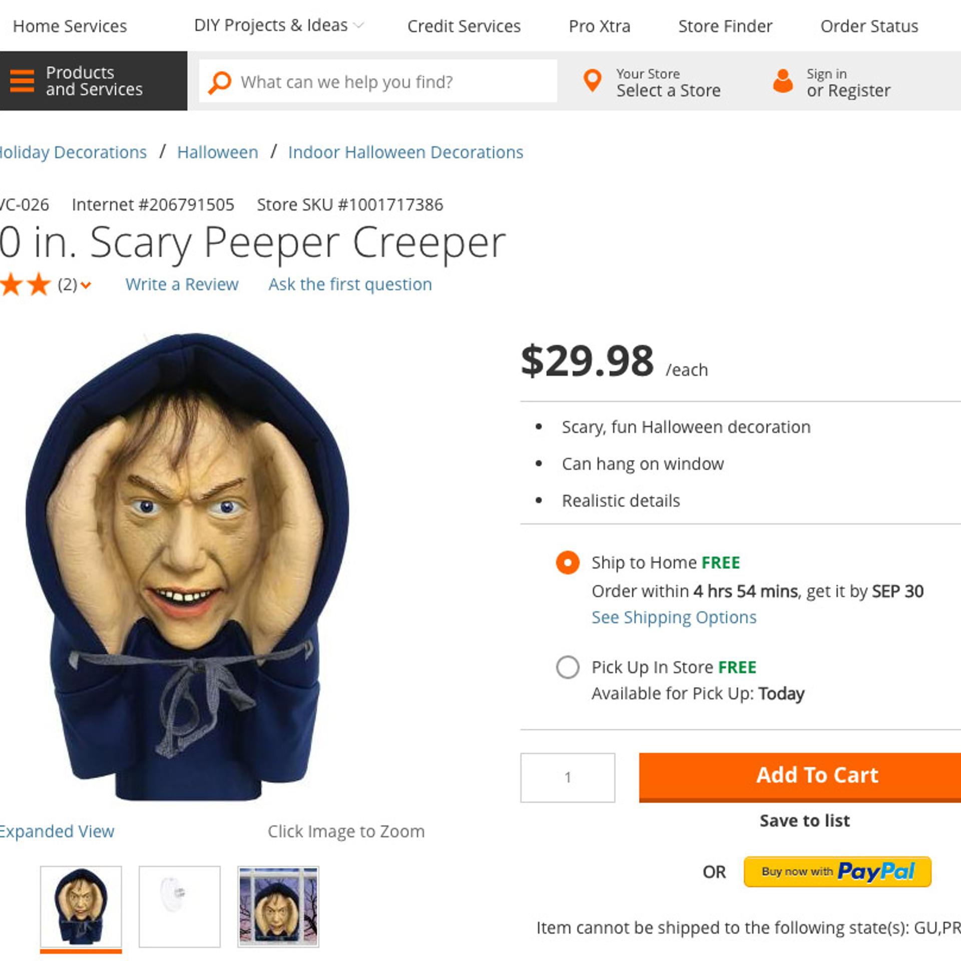 "Scary Peeper Creeper" on homedepot.com on Sept. 28, 2016.