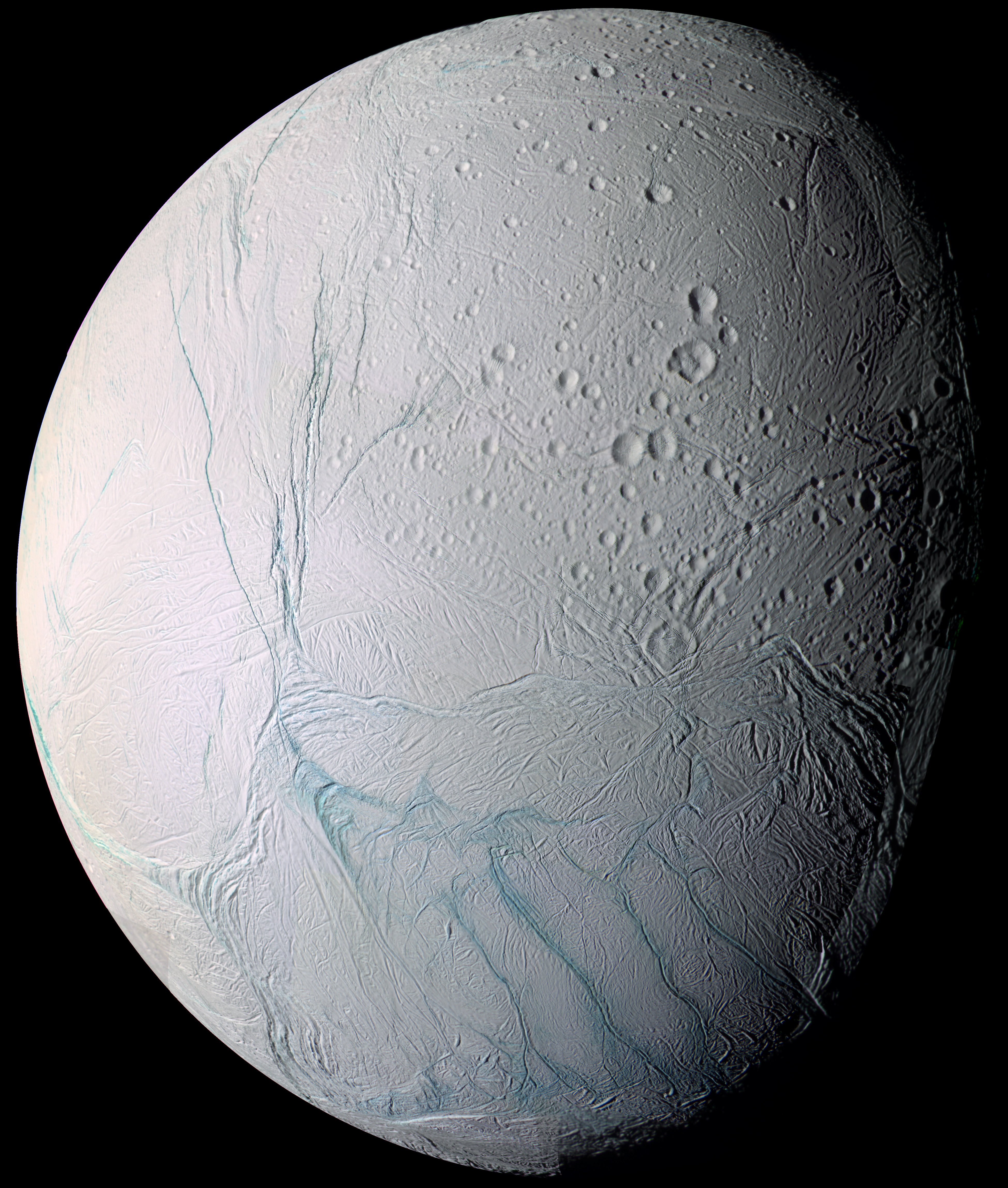 Saturn's moon Enceladus, photographed by the Cassini spacecraft.
