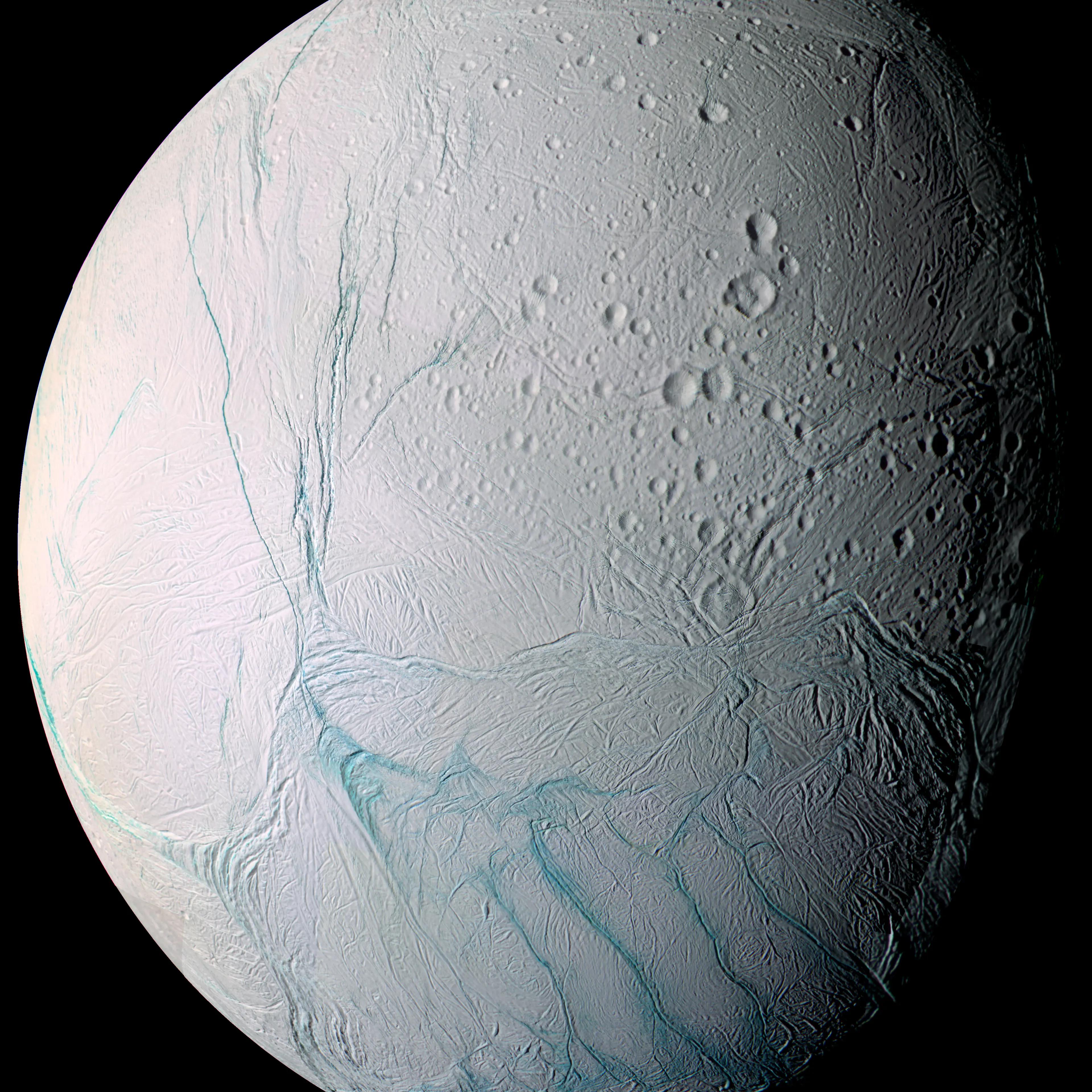 Saturn's moon Enceladus, photographed by the Cassini spacecraft.
