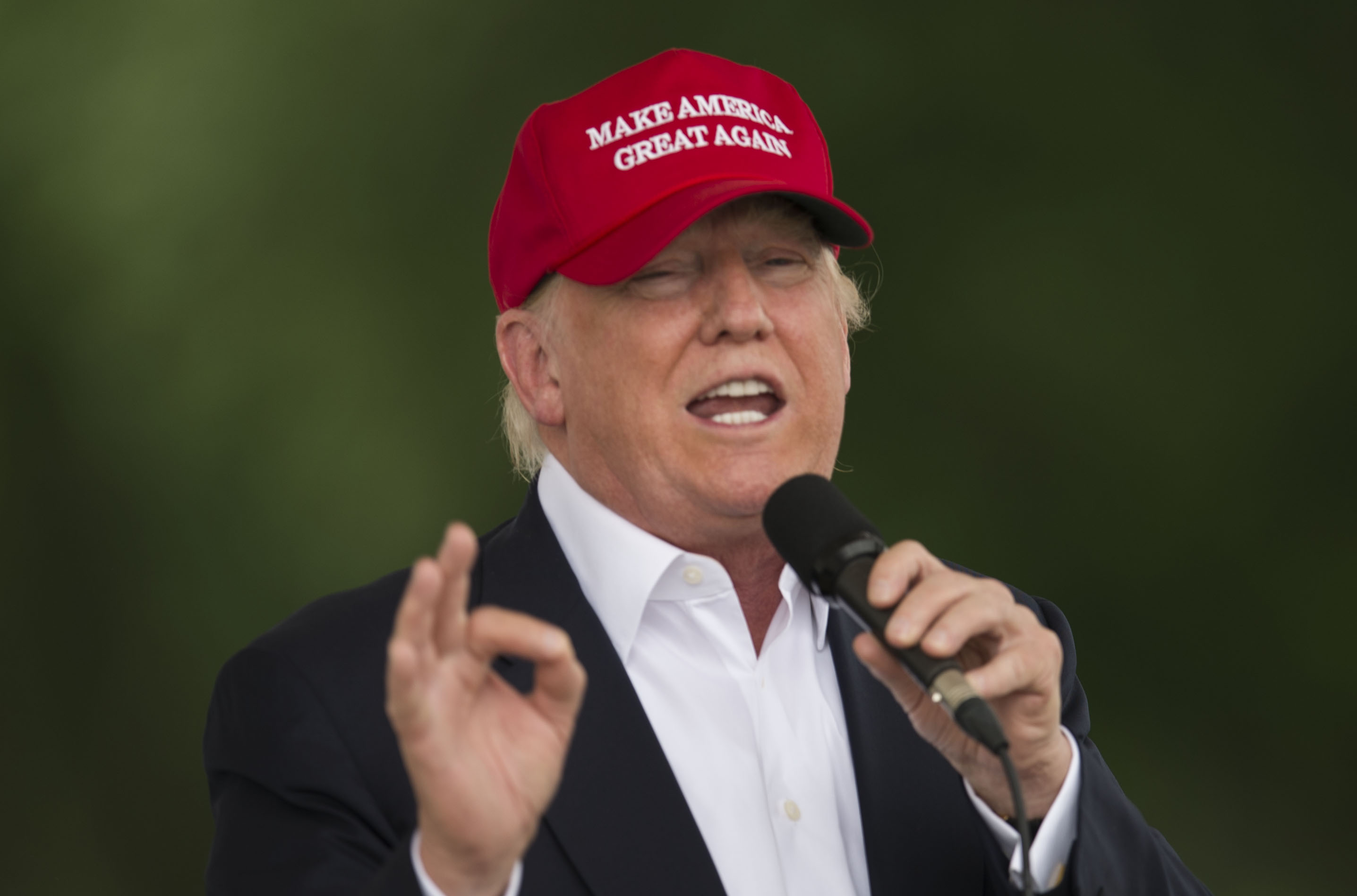 Republican presidential candidate Donald Trump speaks during an event at the annual Rolling Thunder "Ride for Freedom" parade ahead of Memorial Day in Washington, DC, on May 29, 2016.