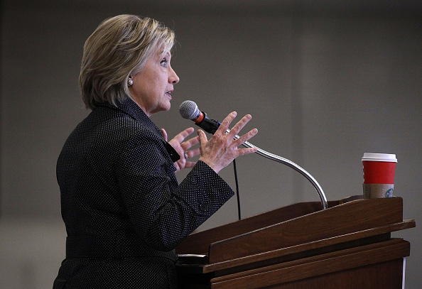 Democratic presidential candidate Hillary Clinton speaks during the Central Iowa Democrats fall barbecue November 15, 2015 at Hansen Agriculture Student Learning Center of Iowa State University in Ames, Iowa.
