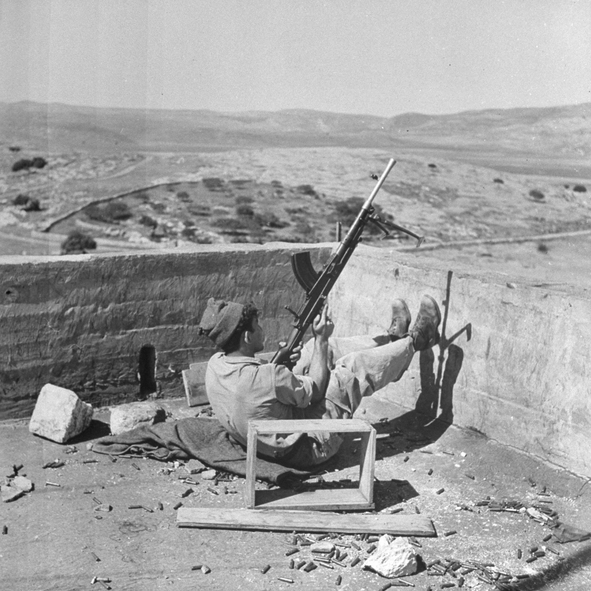 An Israeli soldier, on guard shortly after the establishment of the state of Israel, exact location unknown, May 1948.