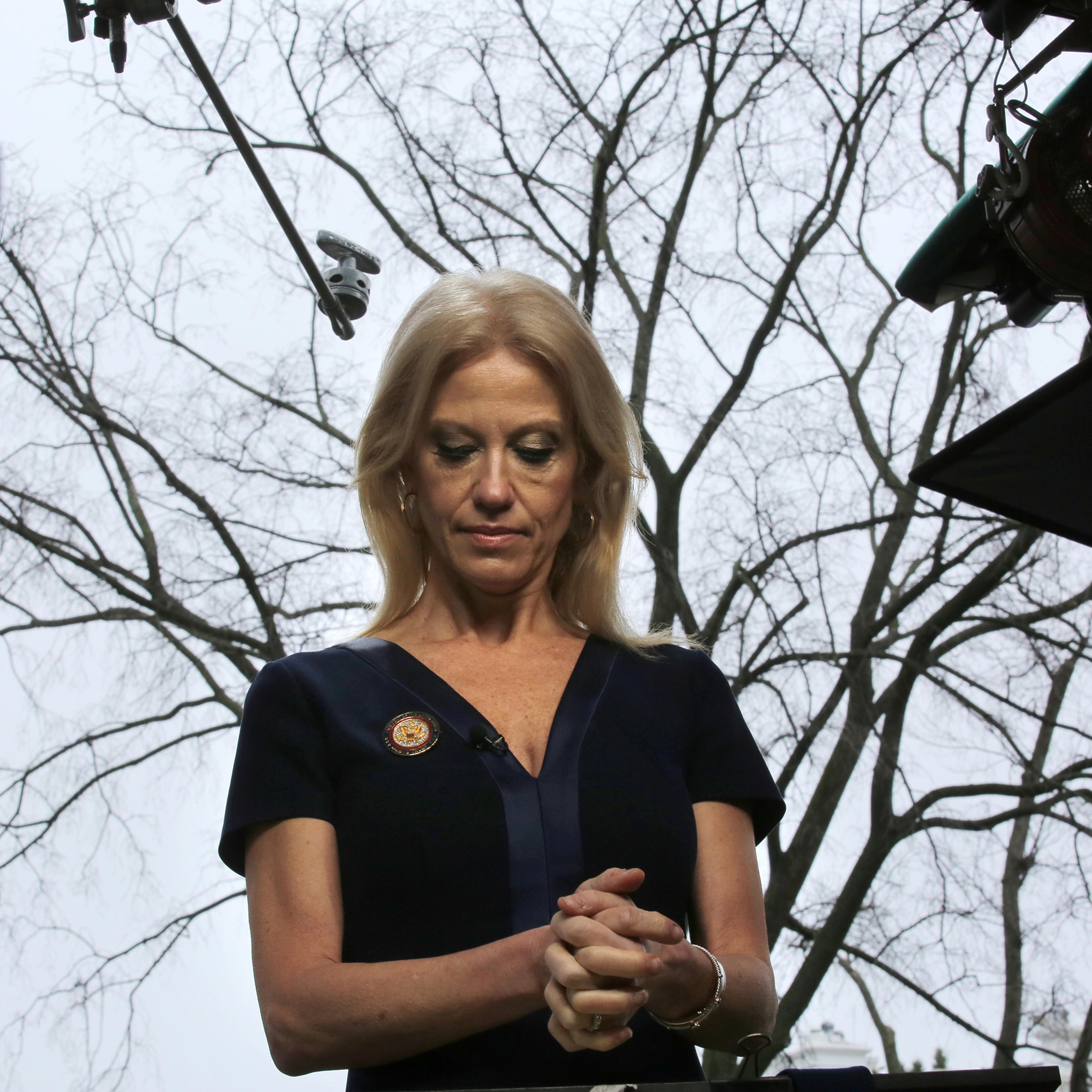 Counselor to U.S. President Donald Trump, Kellyanne Conway prepares to go on the air in front of the White House in Washington, U.S