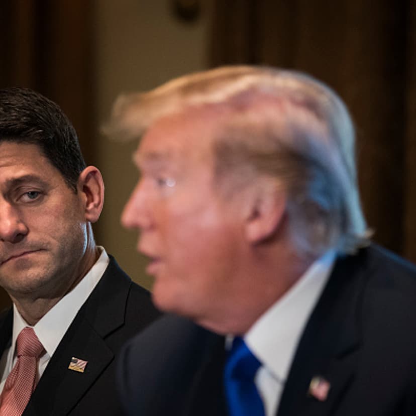 House Speaker Paul Ryan looks on as President Donald Trump speaks about tax reform legislation during a meeting with members of the House Ways and Means Committee in the Cabinet Room at the White House, November 2, 2017 in Washington, DC.