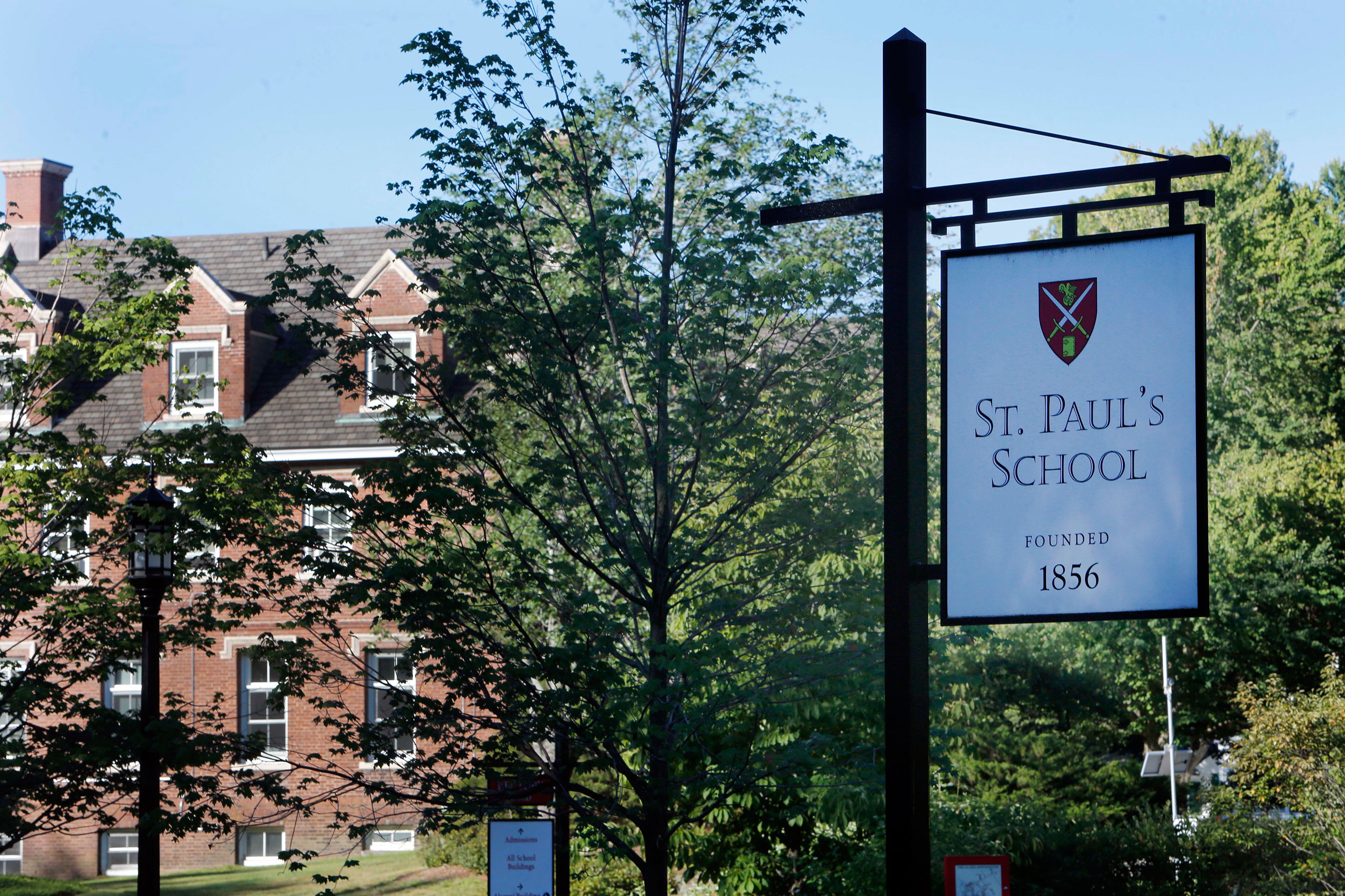 The entrance to the elite St. Paul’s School is seen Friday Aug. 14, 2015 in Concord, N.H., Monday, Aug. 17, 2015, Owen Labrie, a former student, goes on trial Monday, Aug. 17, 2015, for taking part in a practice at the school known as “Senior Salute” whe