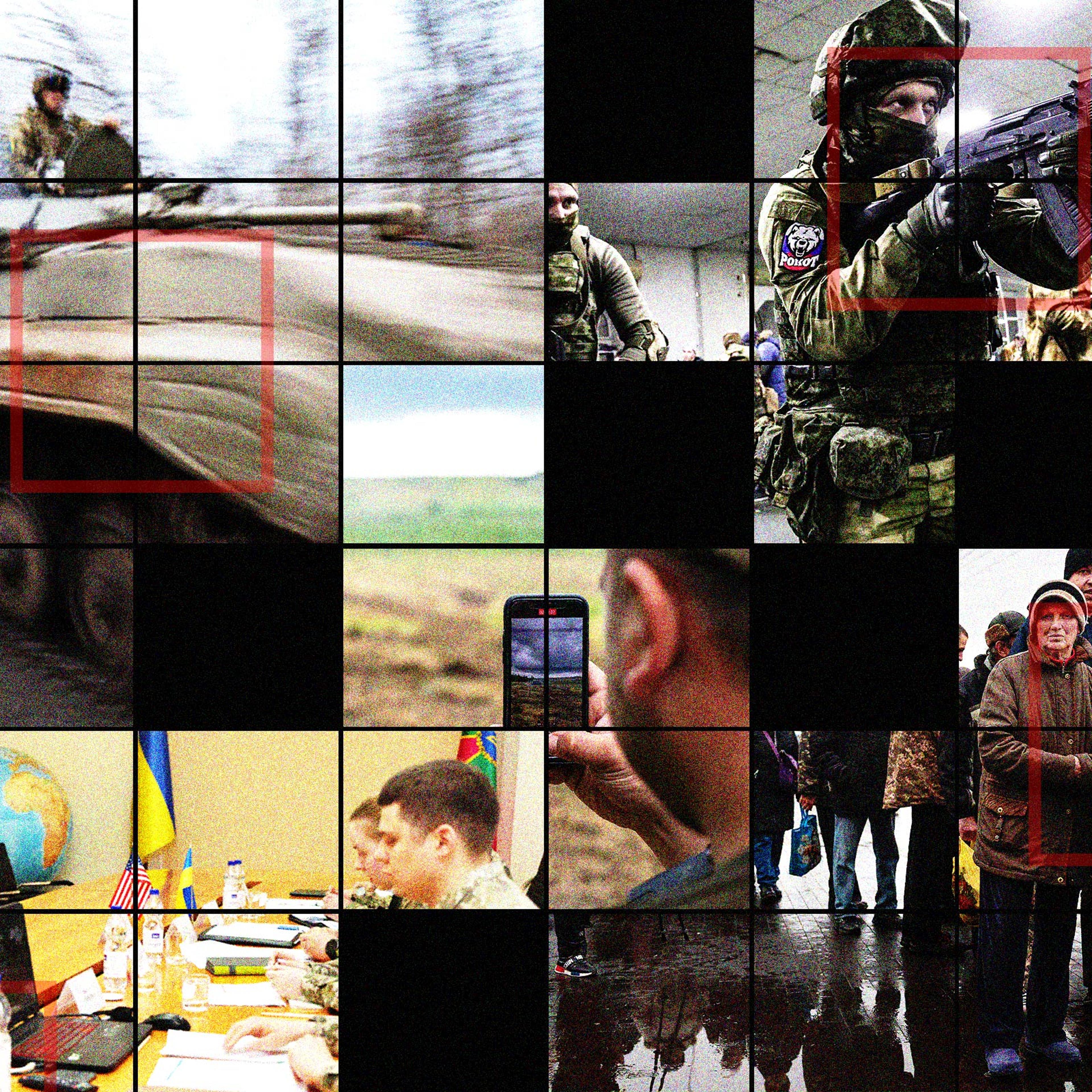 A collage showing Ukrainian Infantry fighting vehicle in Bakhmut, Jan 18.; Russian military volunteers have a military training in Rostov, Dec. 6, 2022; Ukrainian civilians line up to receive food, Chernihiv, Nov. 28, 2022; Ukrainian soldier filming on h
