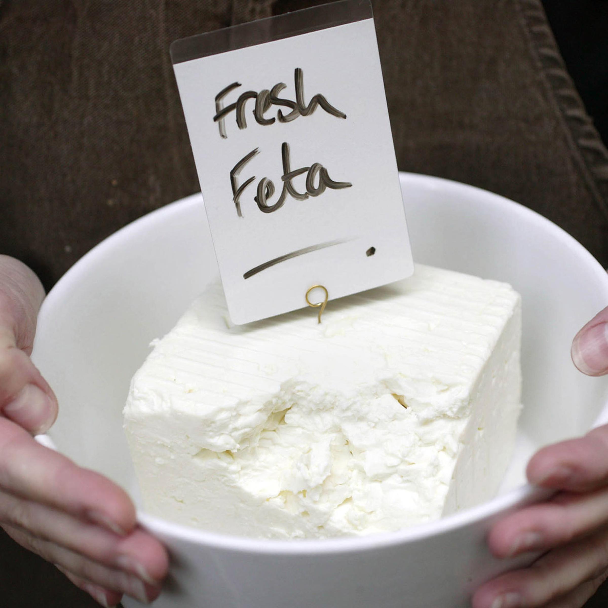 Feta cheese is seen on display in a delicatessen store in Sa