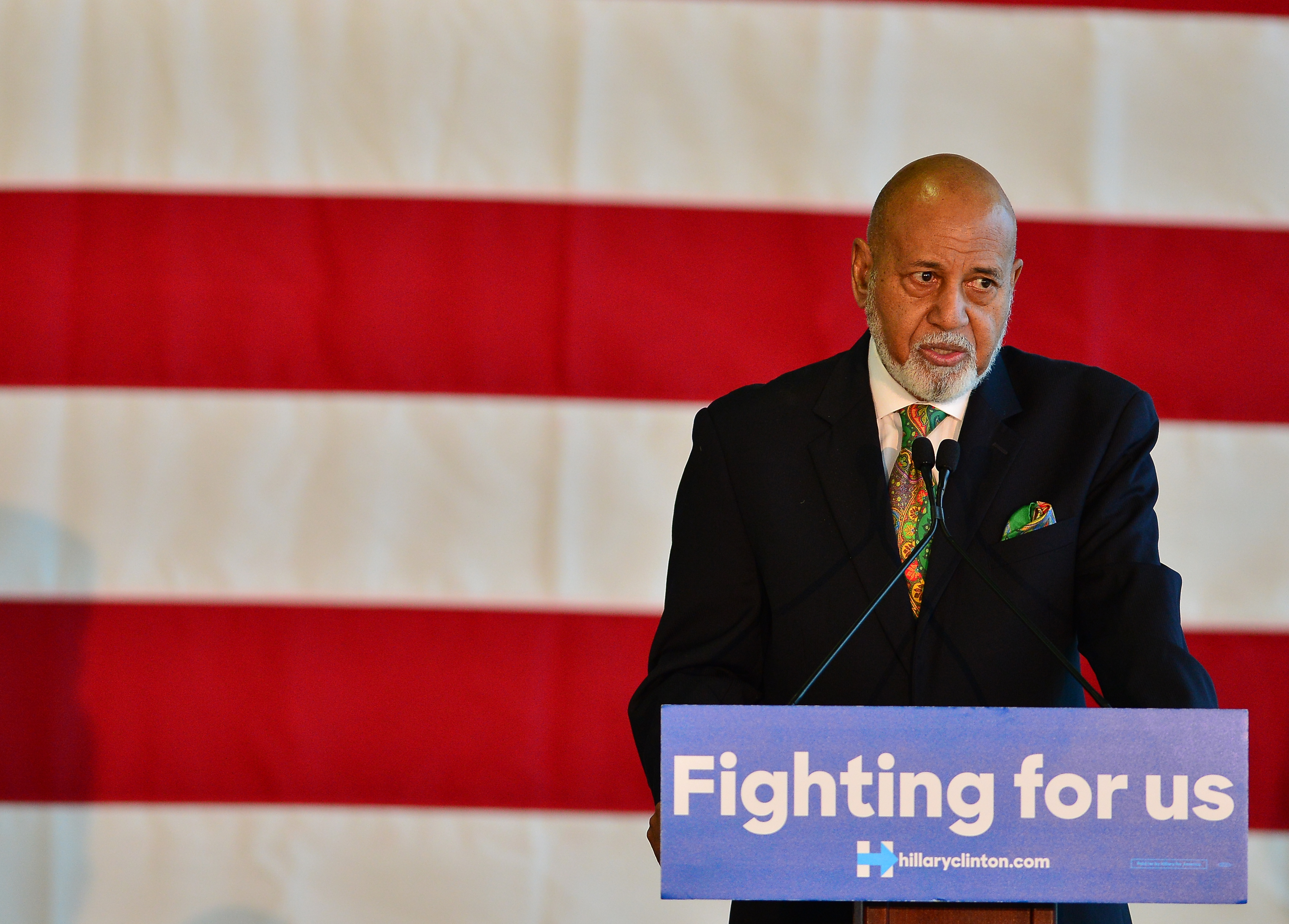 U.S. Representative Alcee Lamar Hastings speak before Former U.S. President Bill Clinton campaigns for Hillary Clinton at Port of Palm Beach in Riviera Beach, Fla., on Feb. 15, 2016.