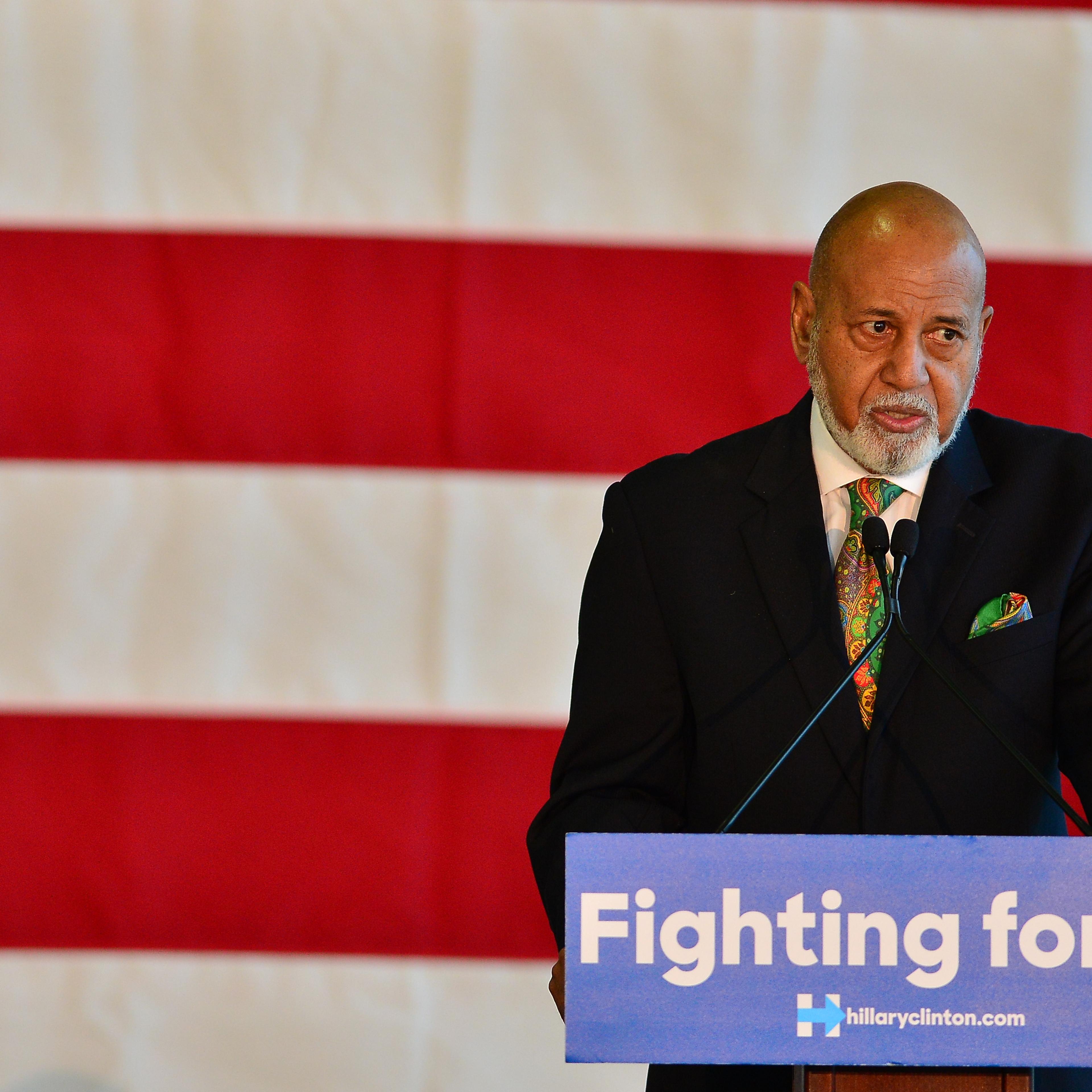U.S. Representative Alcee Lamar Hastings speak before Former U.S. President Bill Clinton campaigns for Hillary Clinton at Port of Palm Beach in Riviera Beach, Fla., on Feb. 15, 2016.