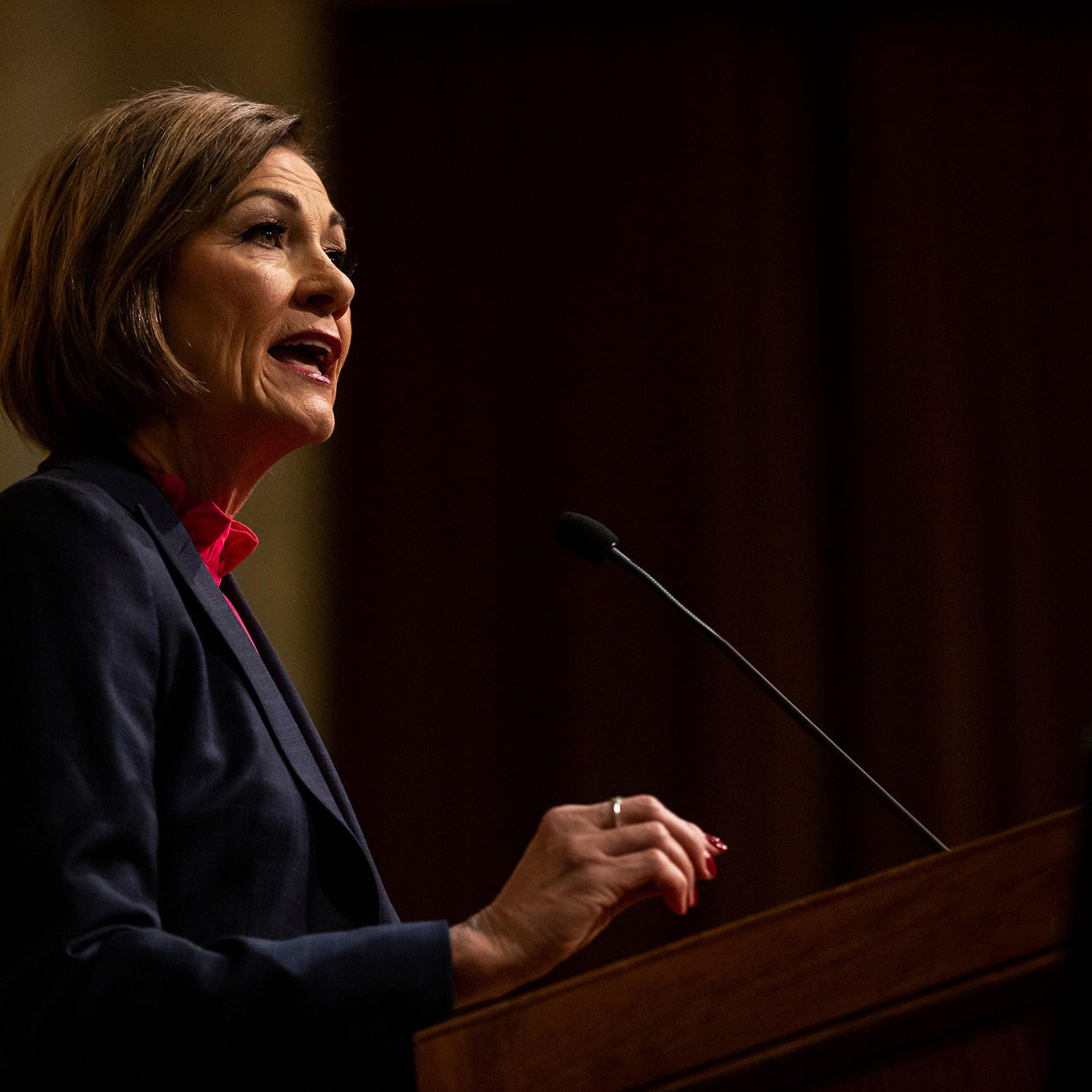 Governor Kim Reynolds gives the condition of the state address to members of the Iowa Legislature inside the House Chamber, on