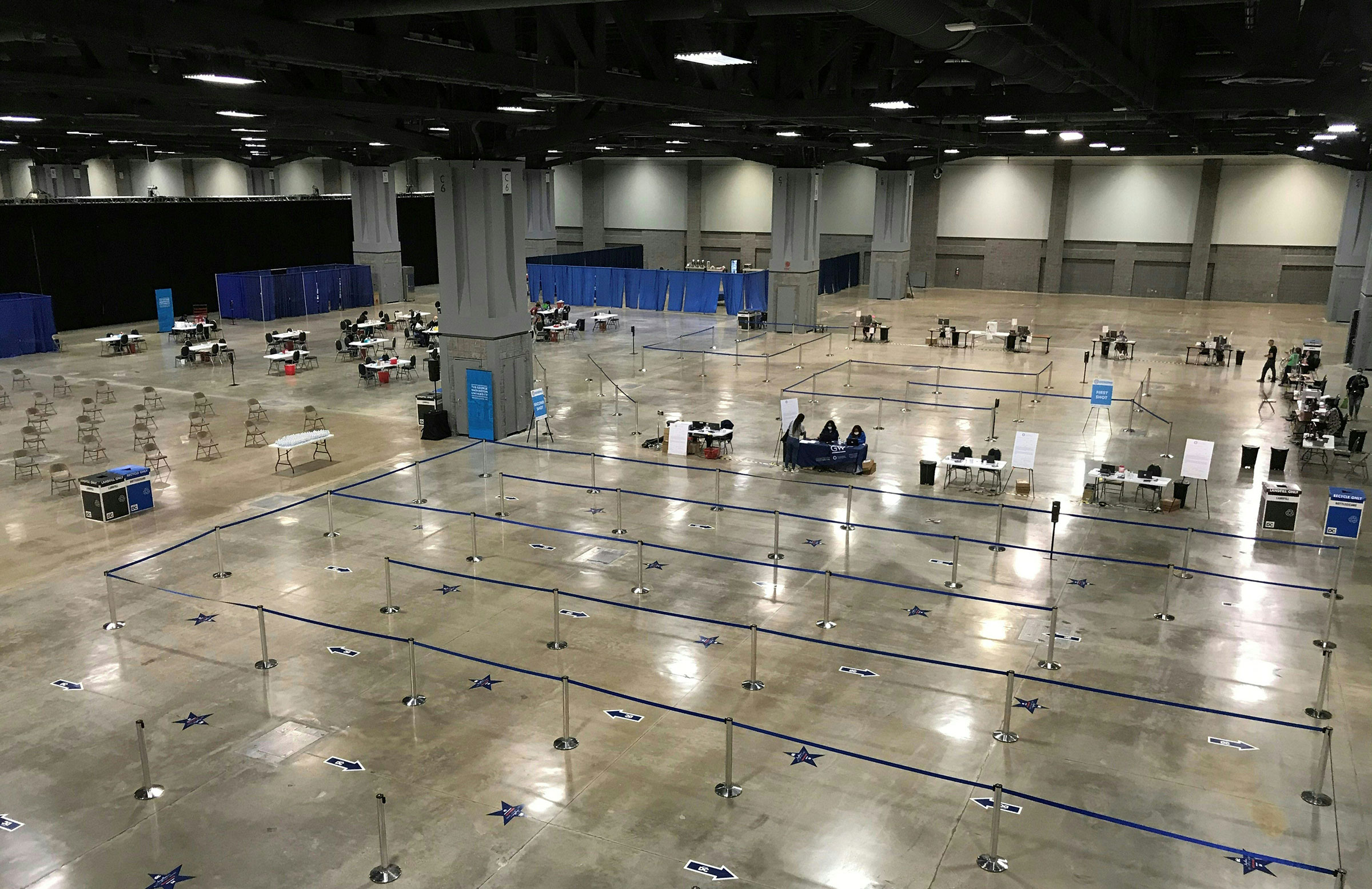 A deserted walk-in Covid-19 mass vaccination site at the Convention Center in downtown Washington, DC on June 1, 2021.