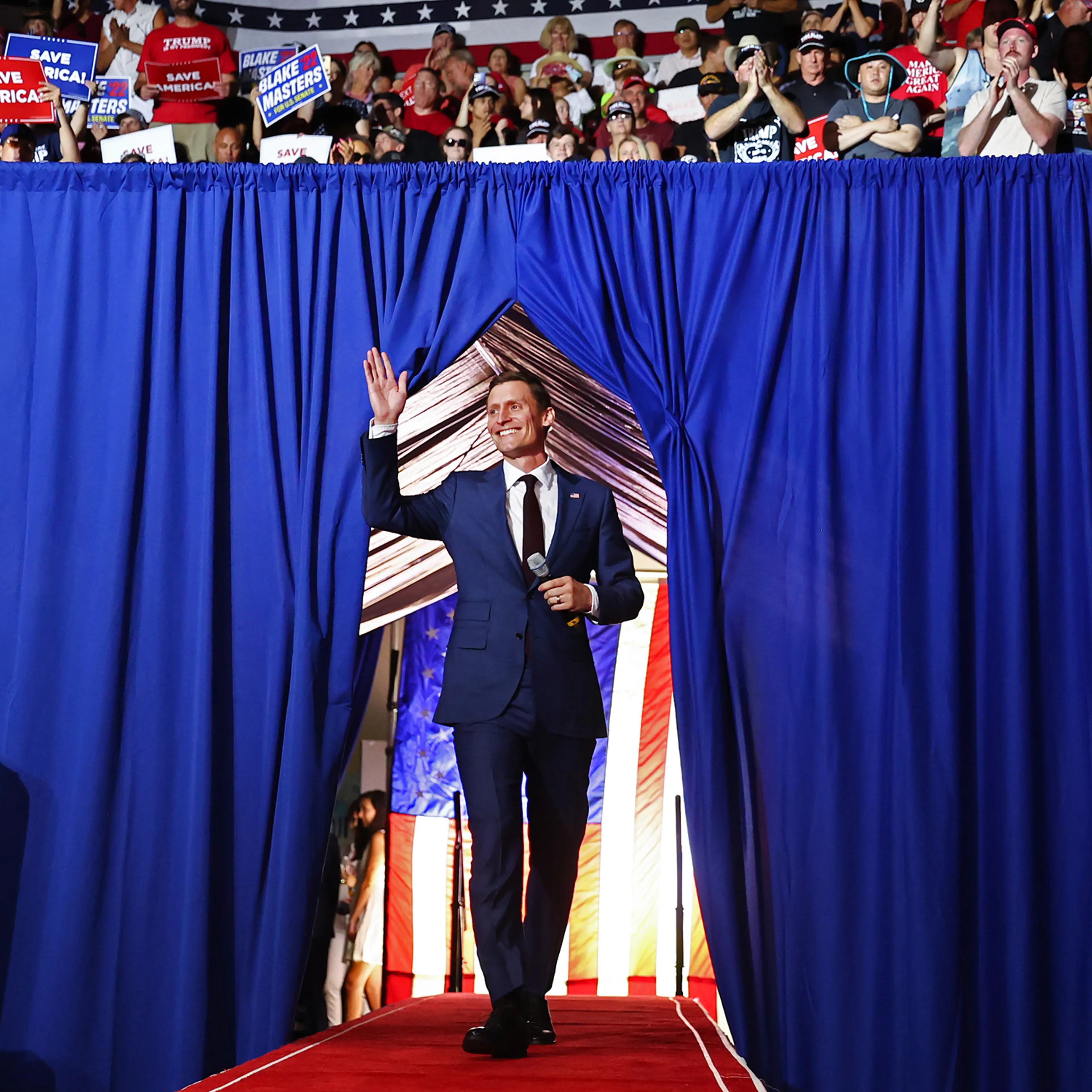 Republican Senate candidate Blake Masters enters a 'Save America' rally by former President Donald Trump in support of Arizona GOP candidates on July 22, 2022 in Prescott Valley, Arizona.