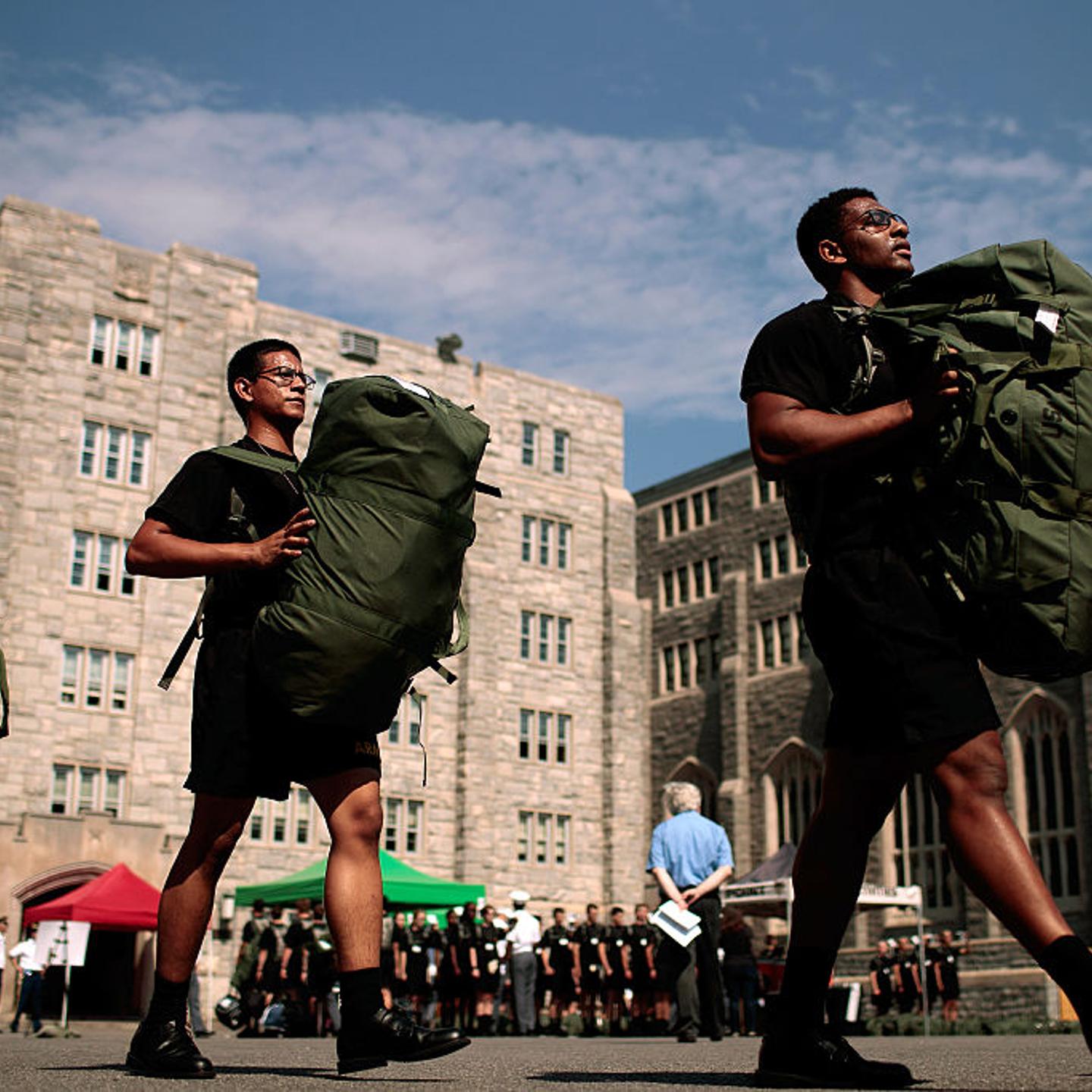 New cadets march in a courtyard on campus during Reception Day at the United States Military Academy in West Point, New York, on June 27, 2016.