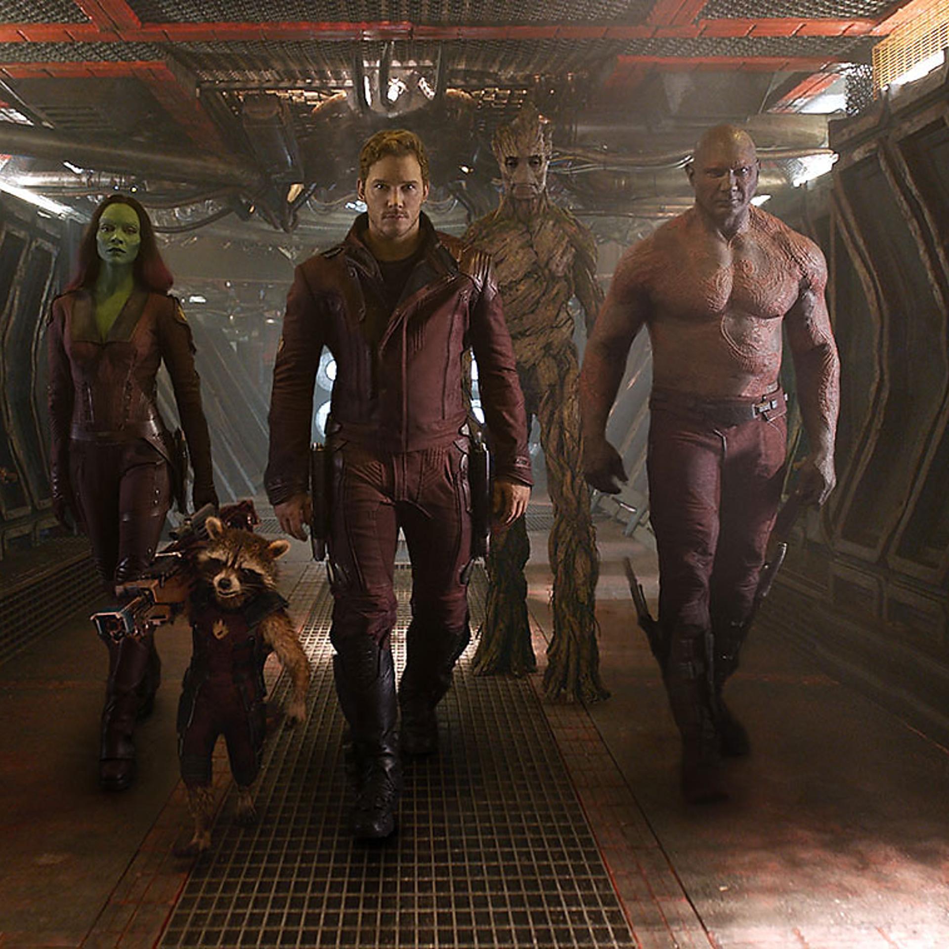 From left: Zoe Saldana as Gamora, Rocket (voiced by Bradley Cooper), Chris Pratt as Peter Quill/Star-Lord, Groot (voiced by Vin Diesel) and Dave Bautista as Drax the Destroyer in Marvel's "Guardians of the Galaxy."