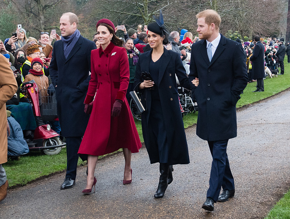 Prince William, Duke of Cambridge, Catherine, Duchess of Cambridge, Meghan, Duchess of Sussex and Prince Harry, Duke of Sussex attend Christmas Day Church service at Church of St Mary Magdalene on the Sandringham estate on December 25, 2018 in King's Lyn