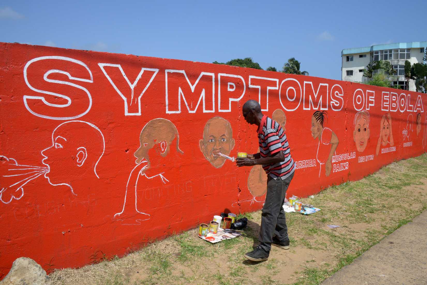 A street artist, Stephen Doe, paints an educational mural to inform people about the symptoms of the deadly Ebola virus in the Liberian capital, Monrovia, on Sept. 8, 2014 
