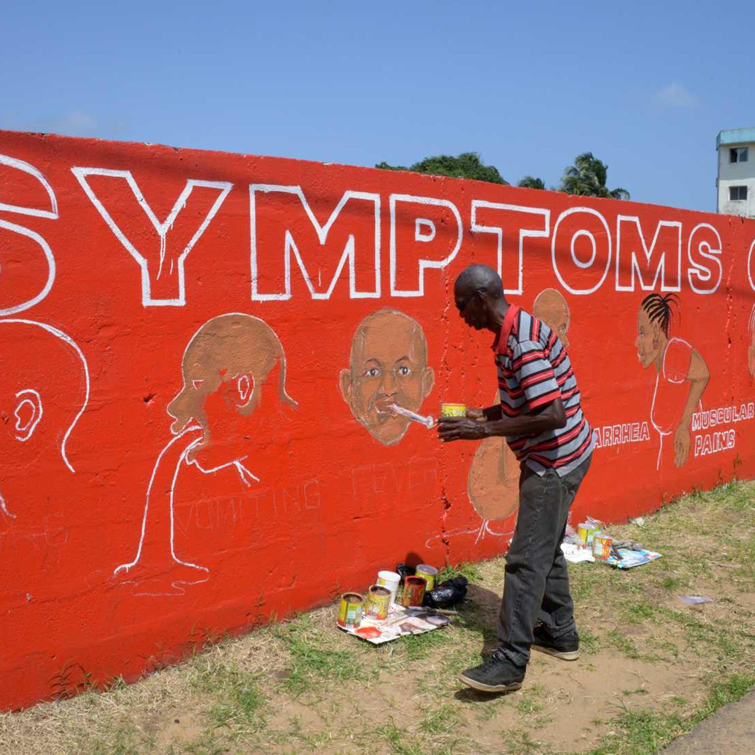 A street artist, Stephen Doe, paints an educational mural to inform people about the symptoms of the deadly Ebola virus in the Liberian capital, Monrovia, on Sept. 8, 2014