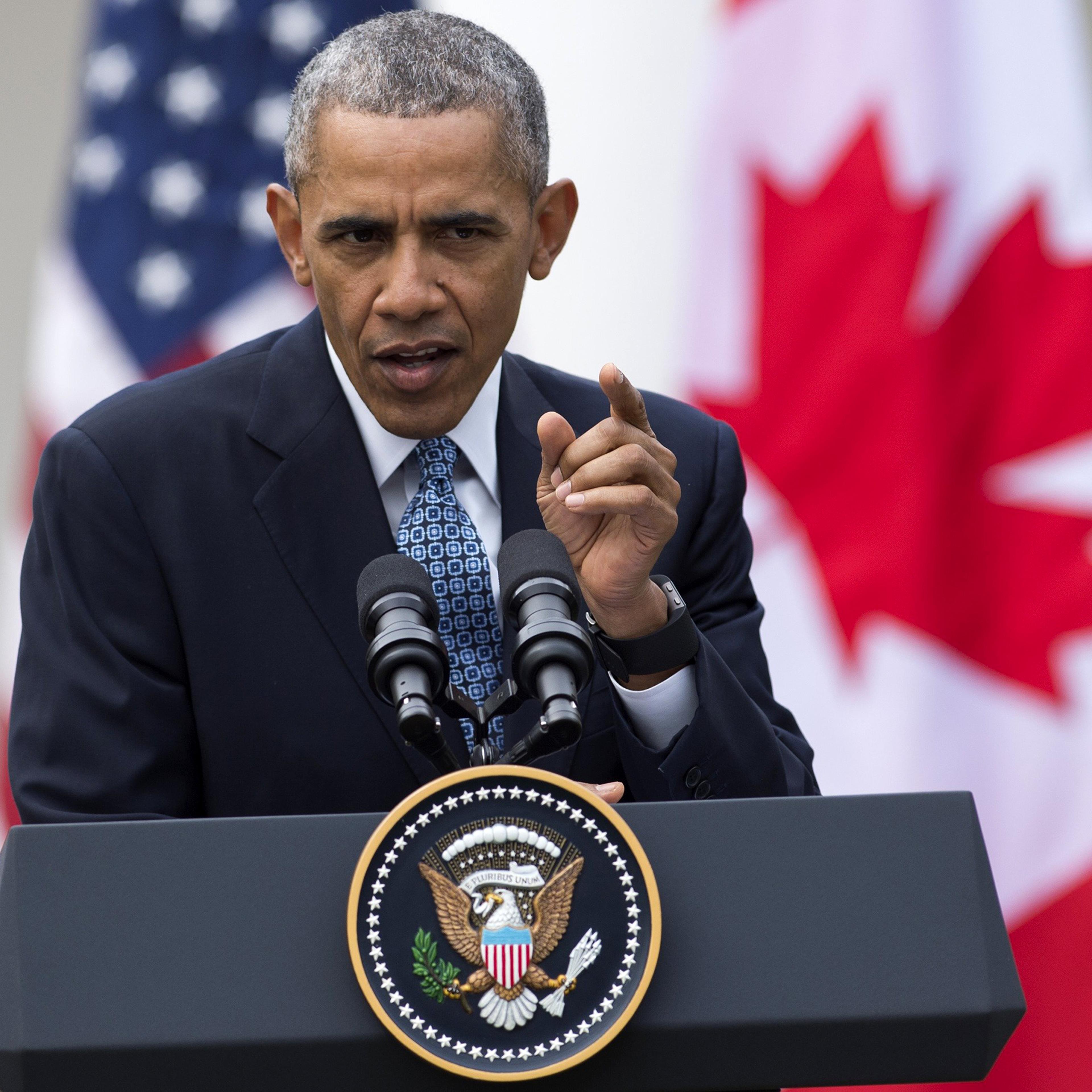 Barack Obama speaks during a press conference with Canadian Prime Minister Justin Trudeau in the Rose Garden of the White House in Washington, DC, on March 10, 2016.