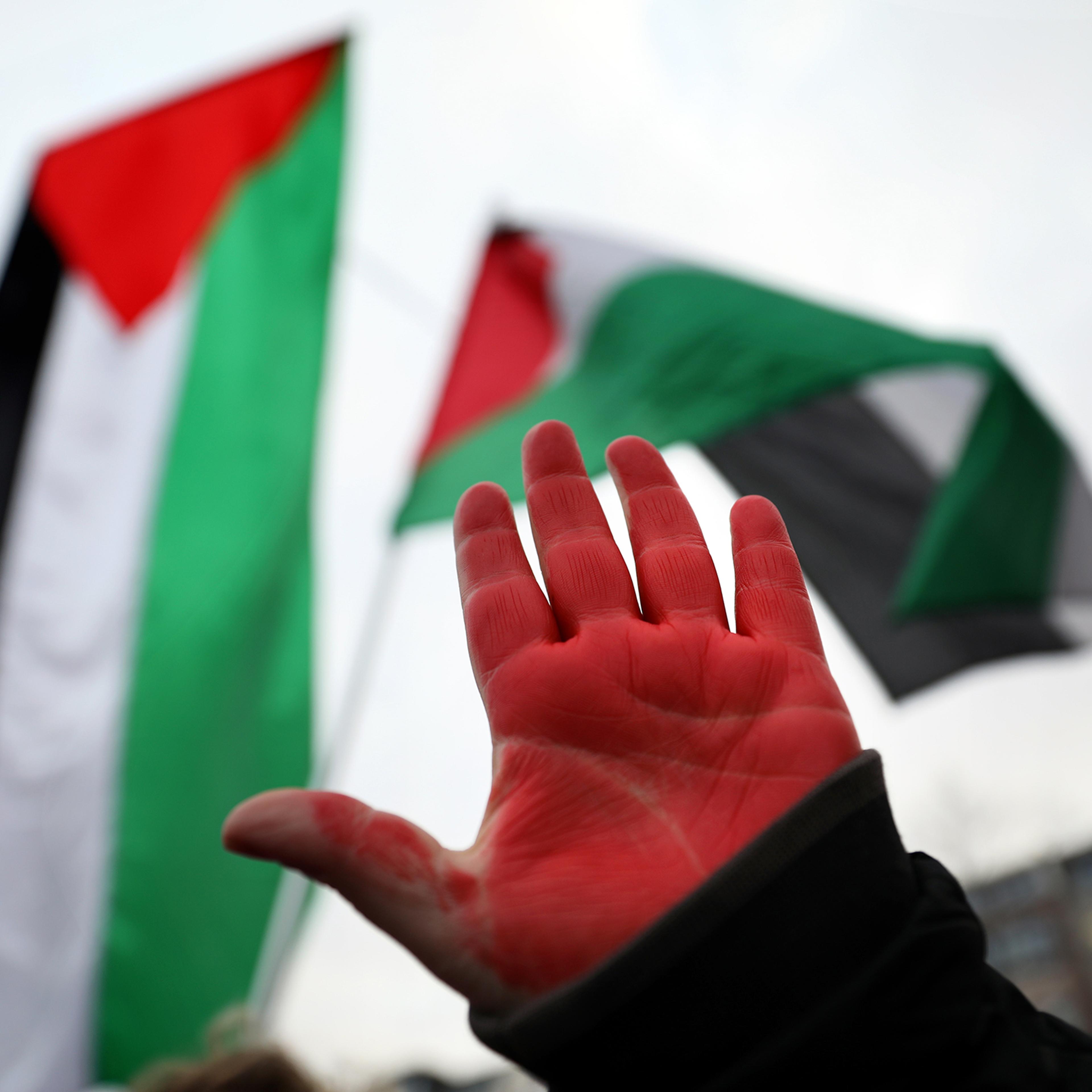 A protester's painted hand during a march to demand a ceasefire in response to the ongoing Israel–Hamas conflict on Dec. 28, 2023 in Berlin, Germany.