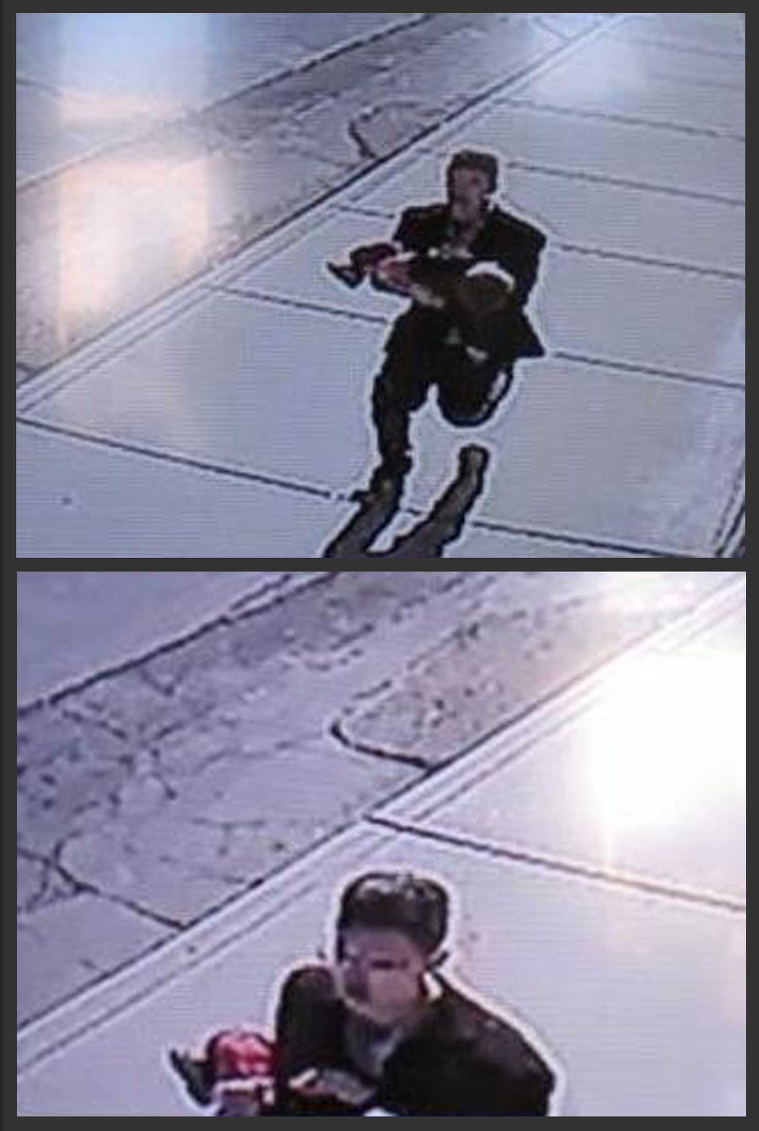 In this combination of still images taken from surveillance video on Sunday, March 8, 2015, and provided by the Lincoln County Sheriff's Office, a man runs down a street, carrying a toddler in an apparent kidnapping attempt in Sprague, Wash.