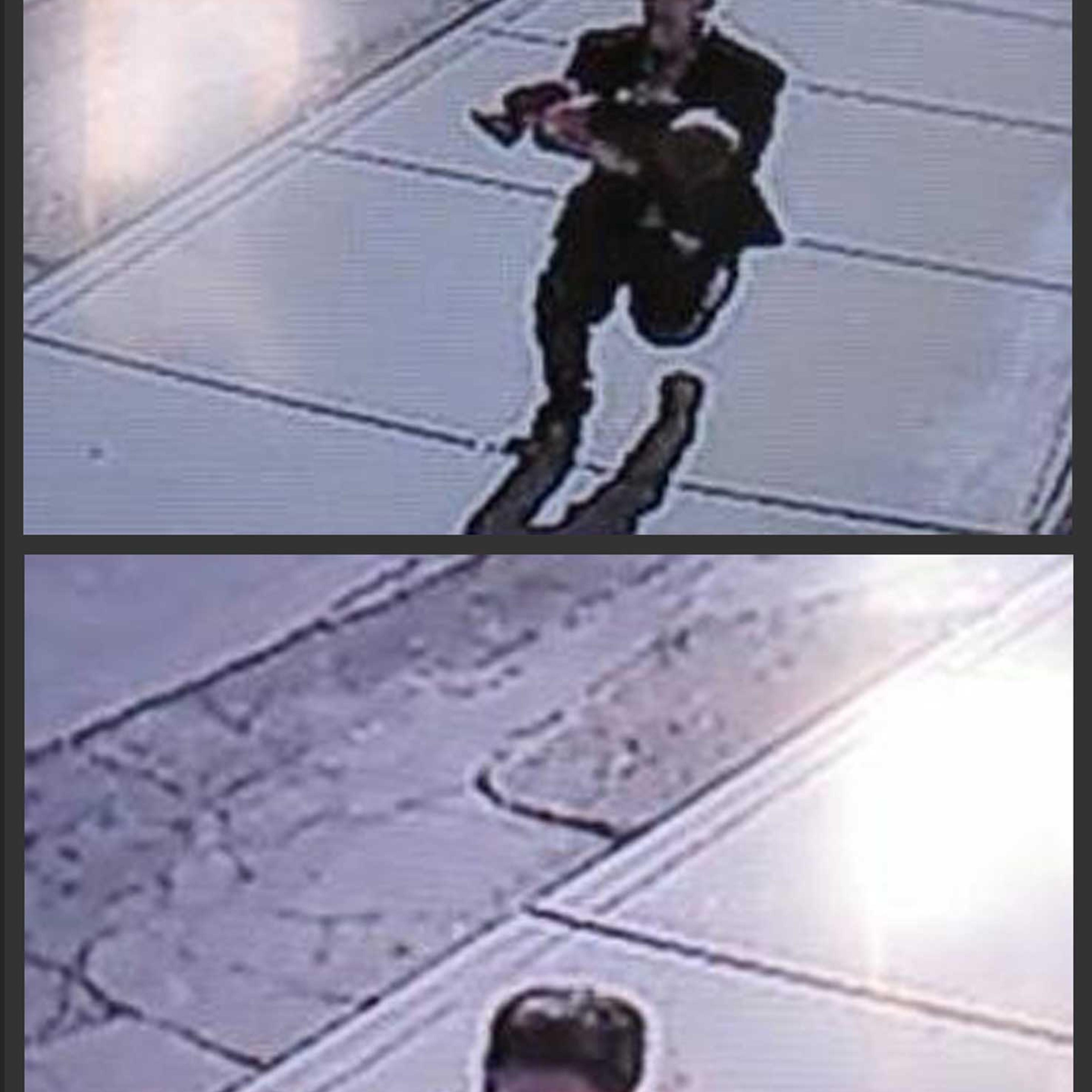 In this combination of still images taken from surveillance video on Sunday, March 8, 2015, and provided by the Lincoln County Sheriff's Office, a man runs down a street, carrying a toddler in an apparent kidnapping attempt in Sprague, Wash.
