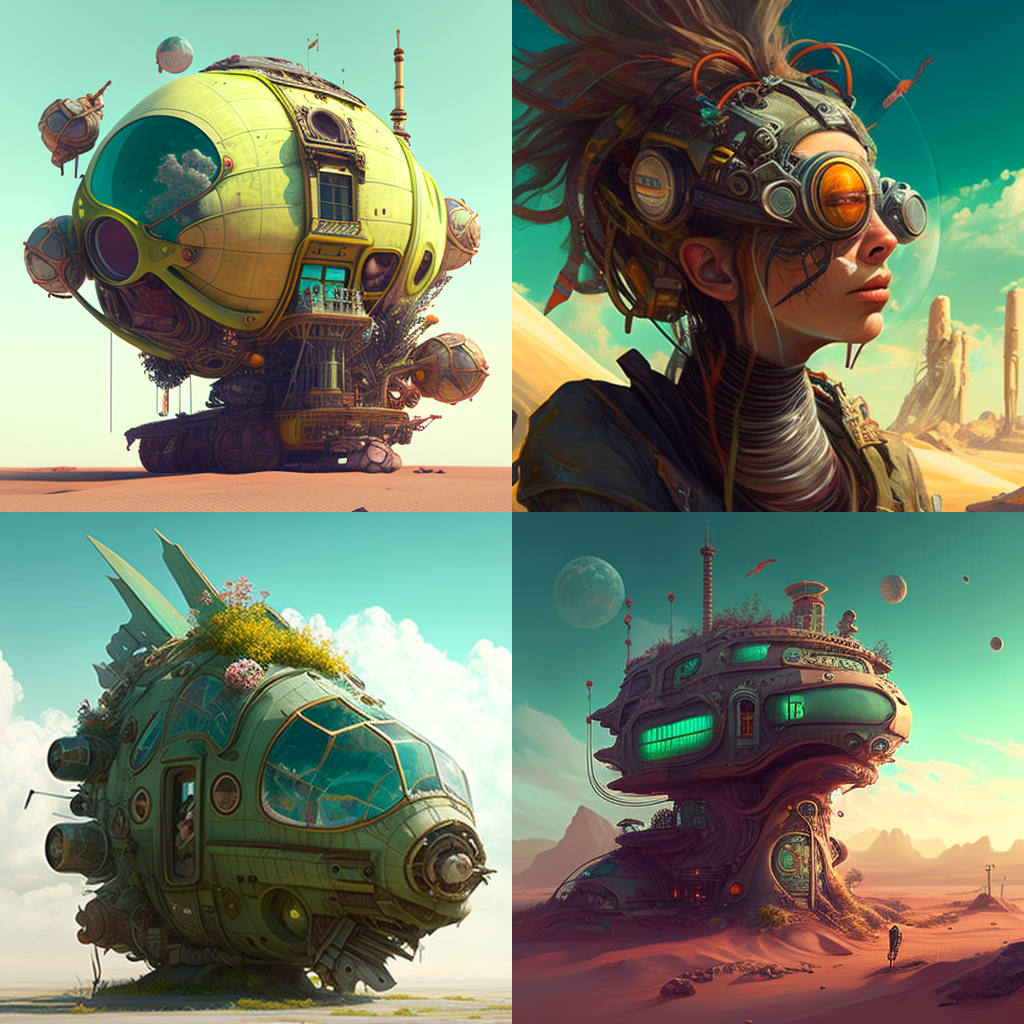 Four versions of "Solarpunk" artwork, created by the AI Midjourney, as prompted by Sean Ellul.