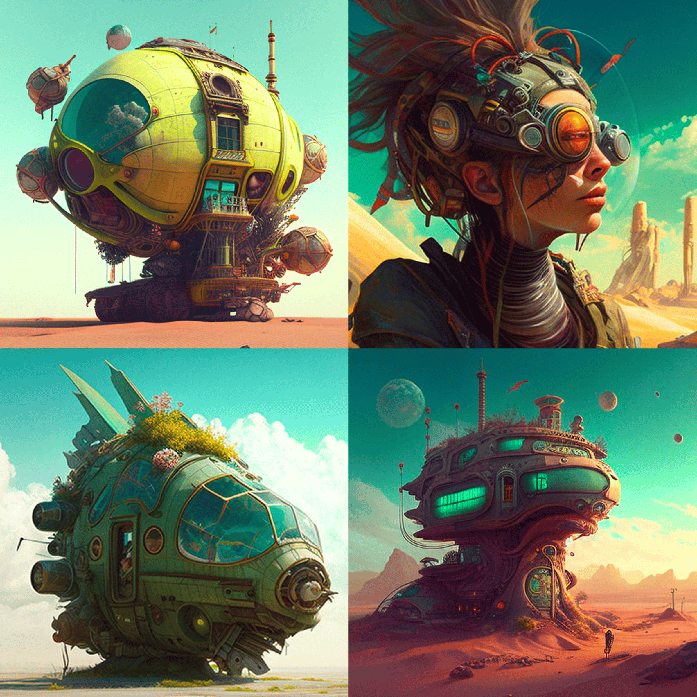 Four versions of "Solarpunk" artwork, created by the AI Midjourney, as prompted by Sean Ellul.