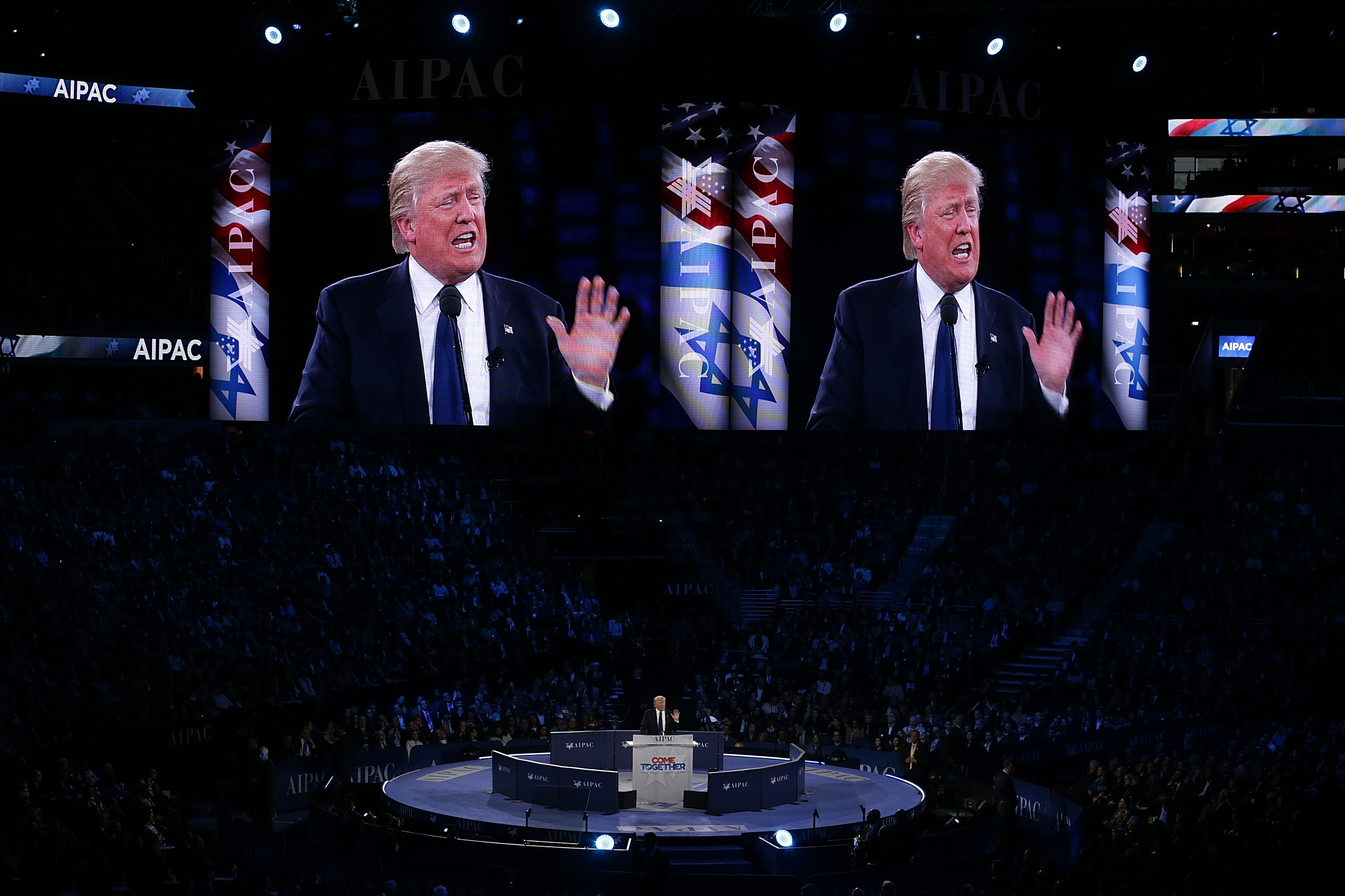 Republican presidential candidate Donald Trump addresses the annual policy conference of the American Israel Public Affairs Committee (AIPAC) in Washington, D.C., on March 21, 2016.