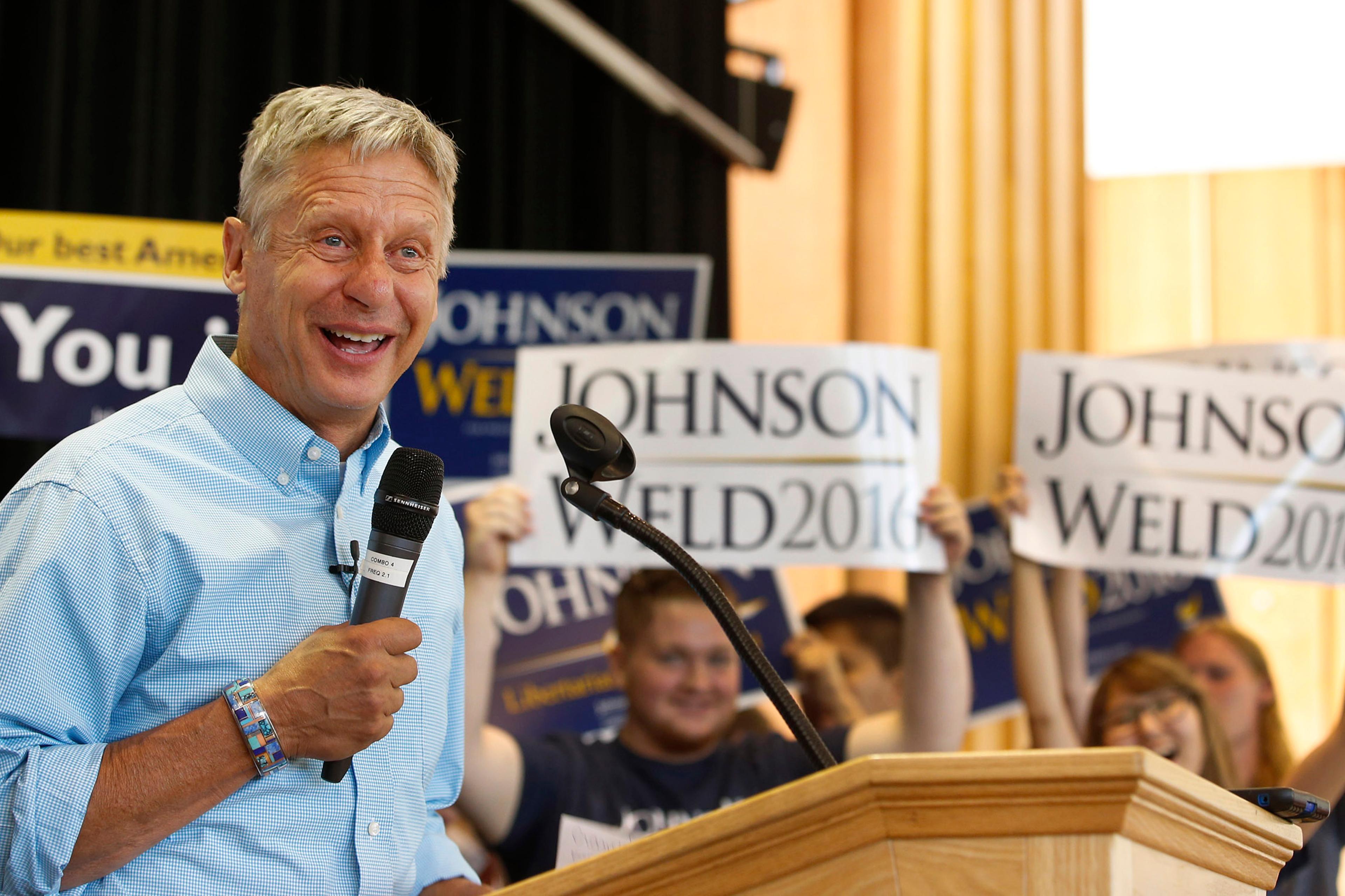 Libertarian presidential candidate Gary Johnson talks to a crowd of supporters at a rally in Salt Lake City, Utah, on Aug. 6, 2016.